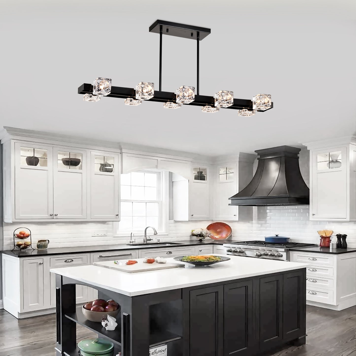 Modern black linear chandelier with clear crystal cube shades ideal for kitchen island lighting