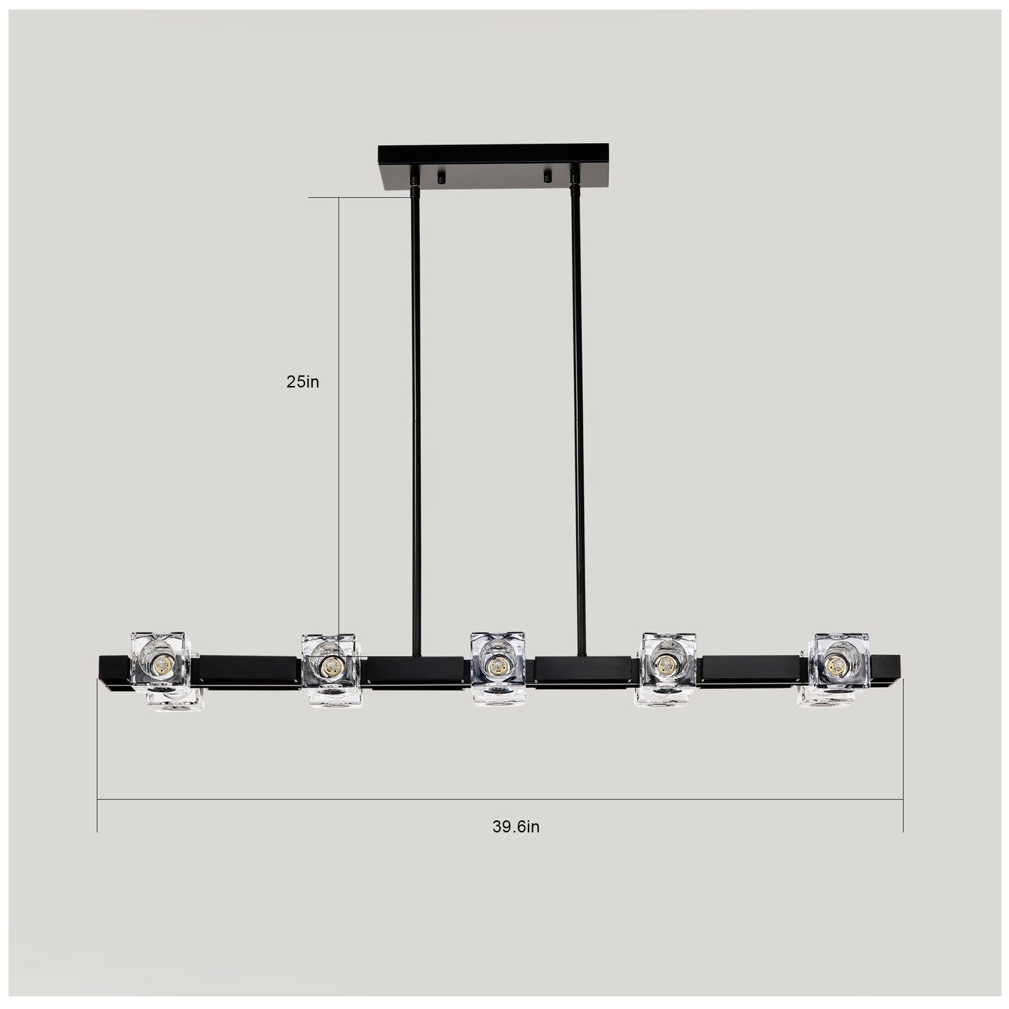 Modern black linear chandelier with five crystal cube shades and brushed nickel accents