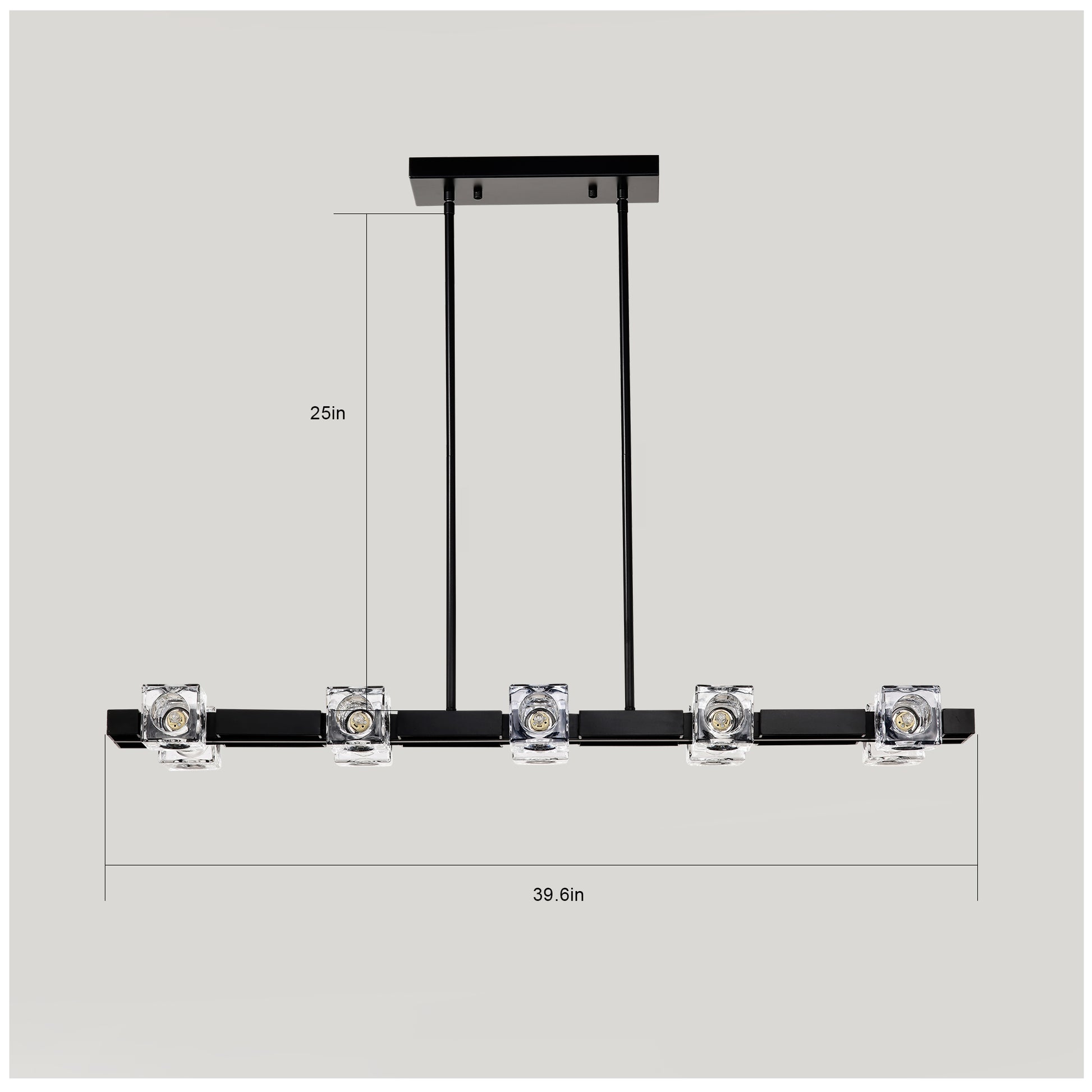 Modern black linear chandelier with five crystal cube shades and brushed nickel accents