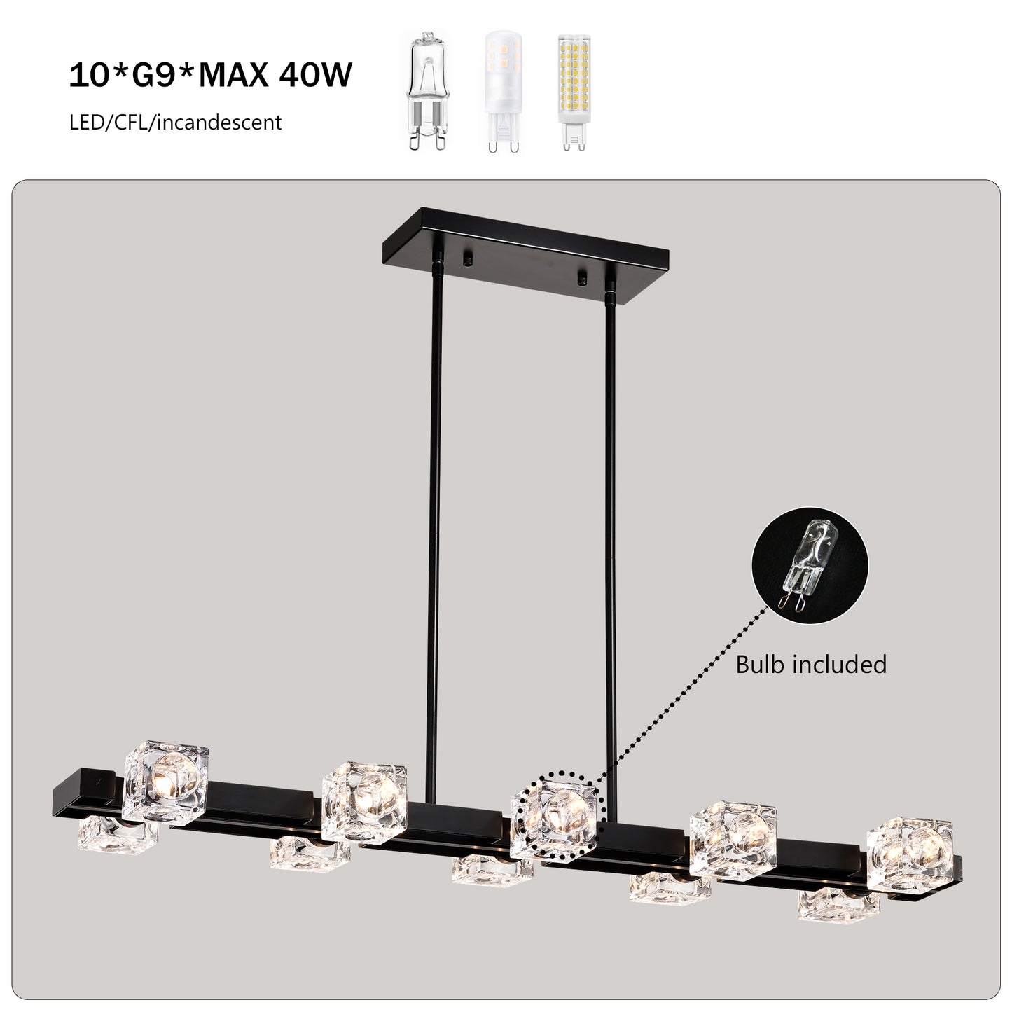 Modern black linear chandelier with clear crystal cube shades and G bulbs