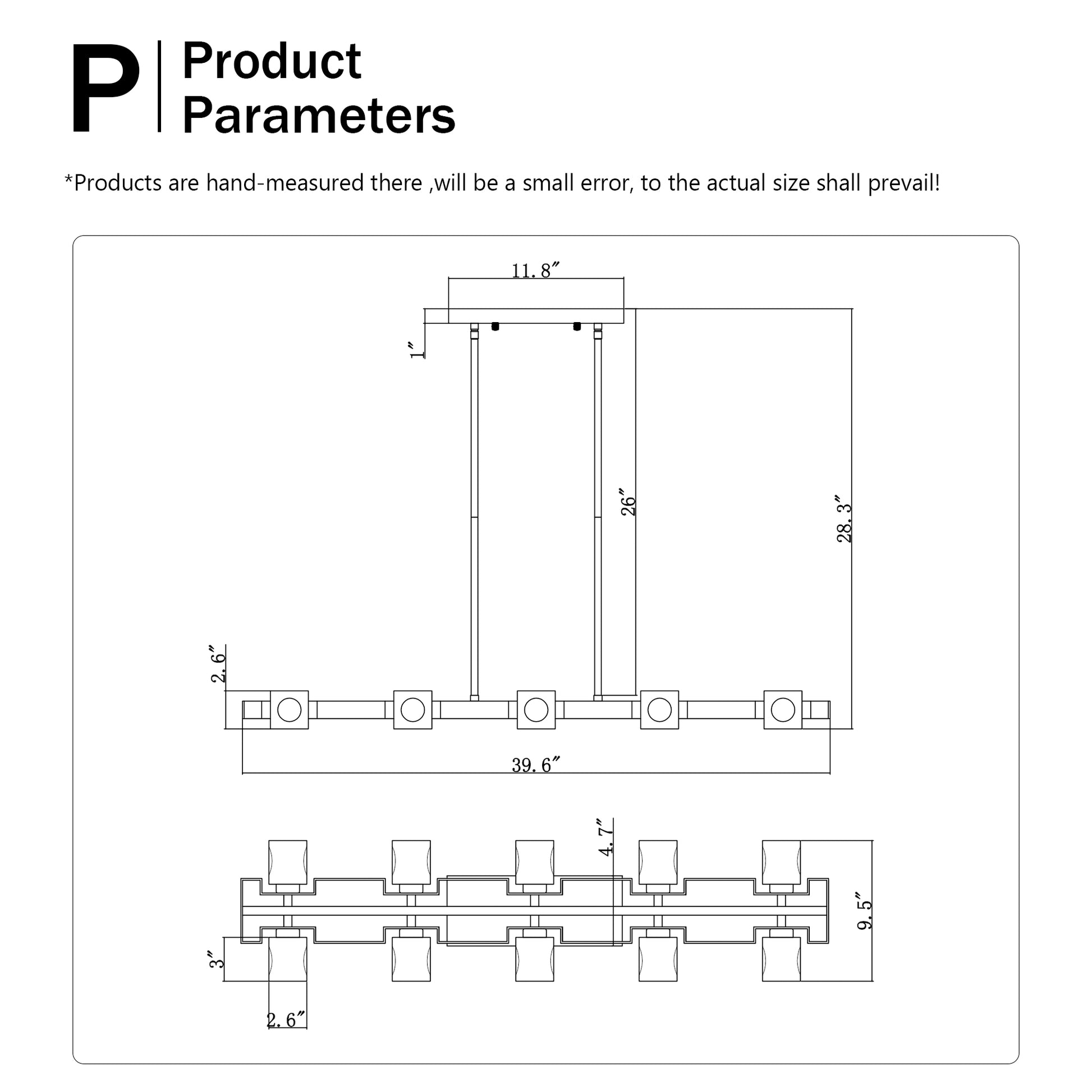 Technical drawing of a linear chandelier  inches long  inches wide