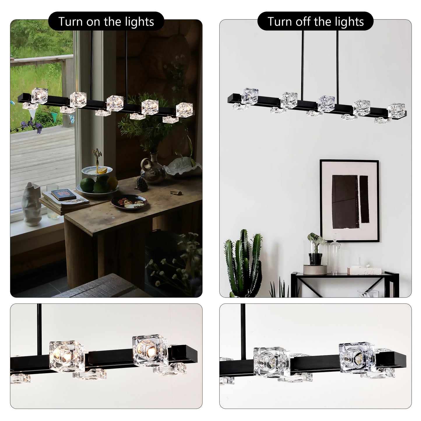 Black linear chandelier with eight clear crystal cube shades modern accent lighting