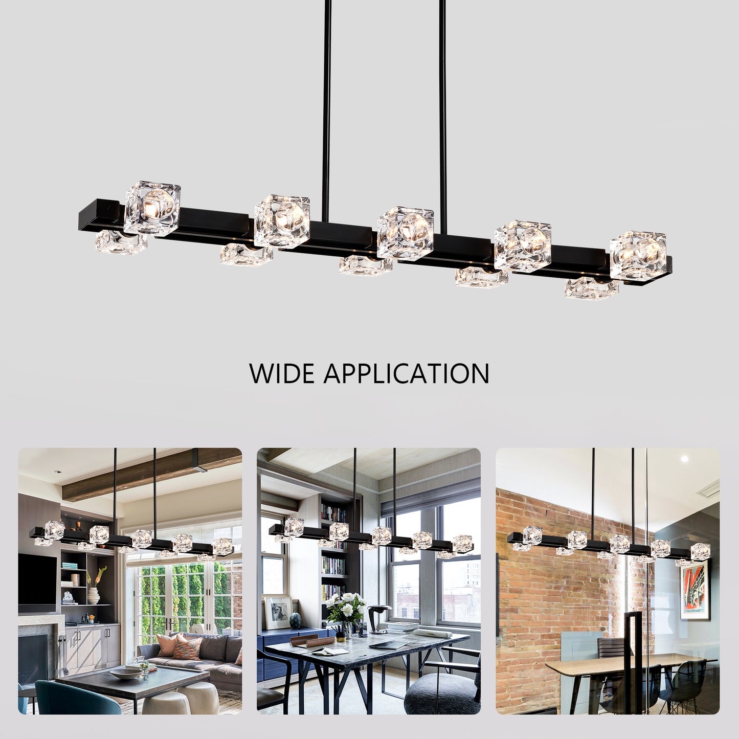 Modern linear chandelier with clear crystal cubes and a black finish for dining room lighting
