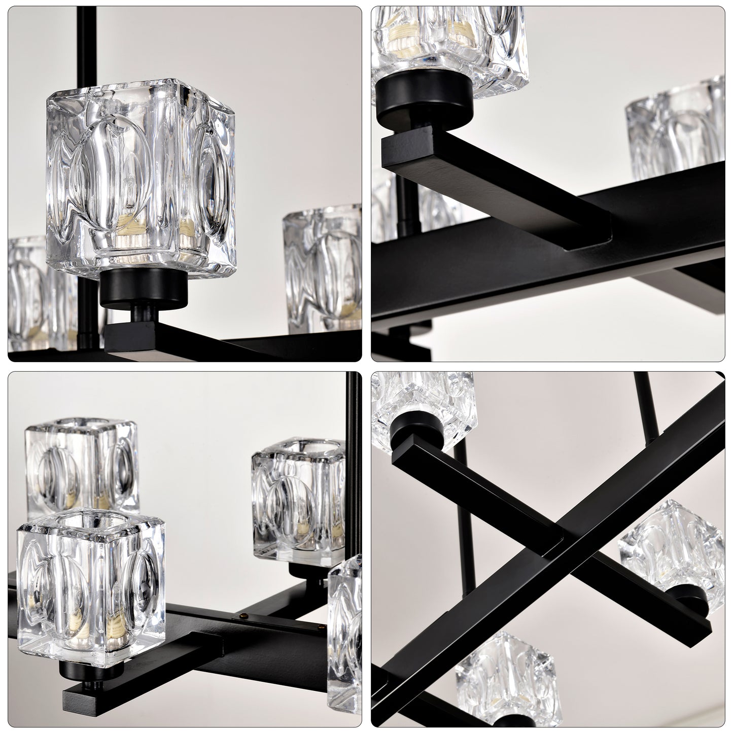 Modern black chandelier with clear crystal cubic shades and brushed nickel accents