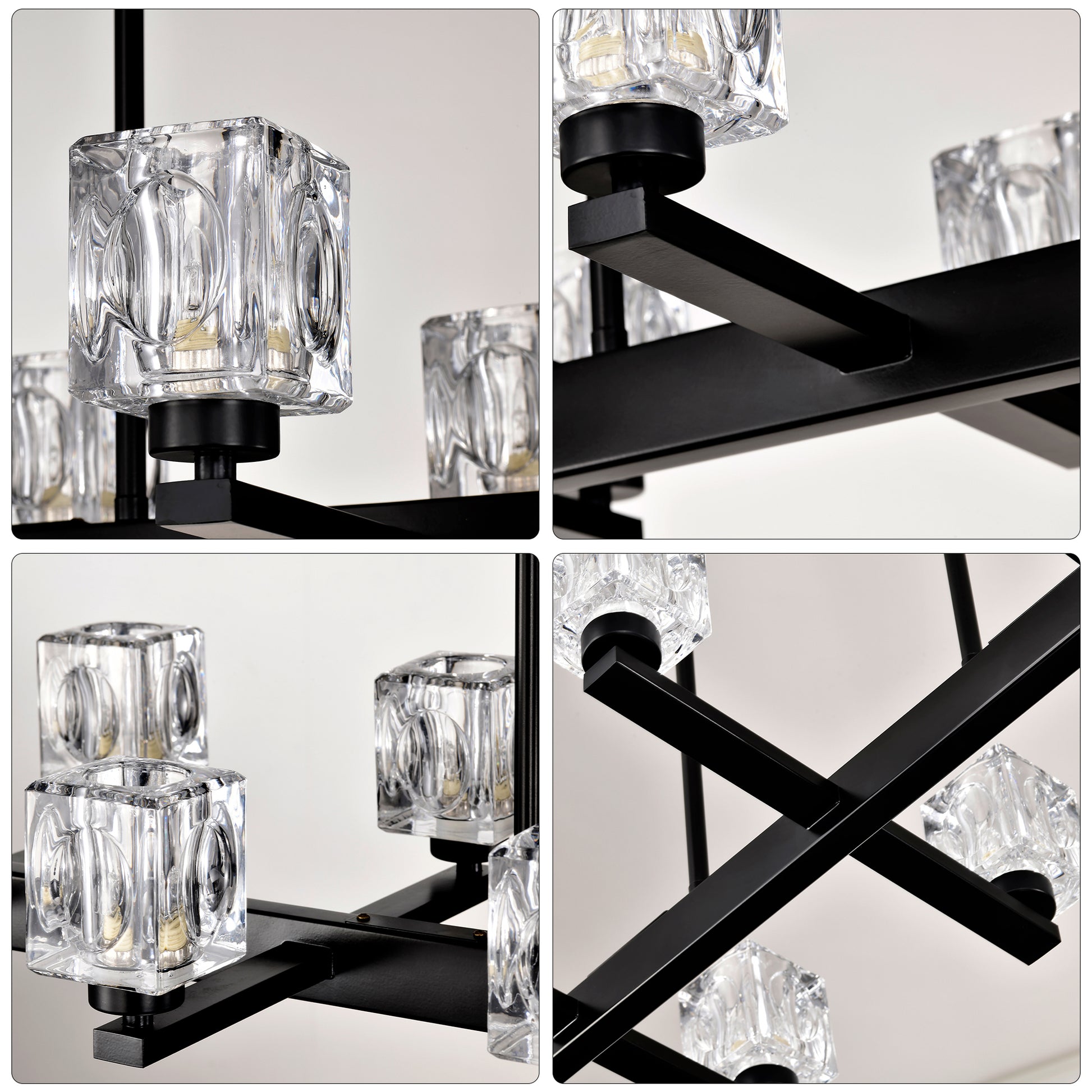 Modern black chandelier with clear crystal cubic shades and brushed nickel accents