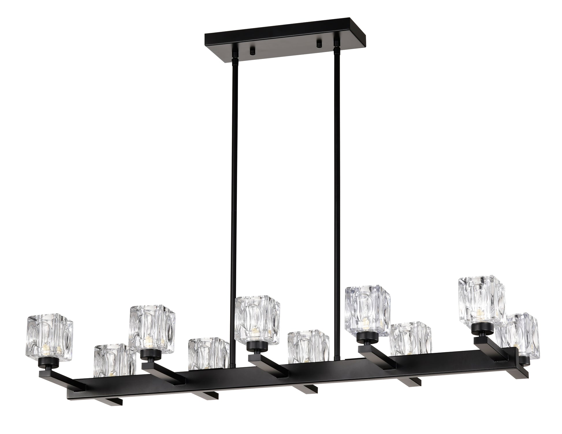 Black modern chandelier with eight clear glass cube shades and a linear design