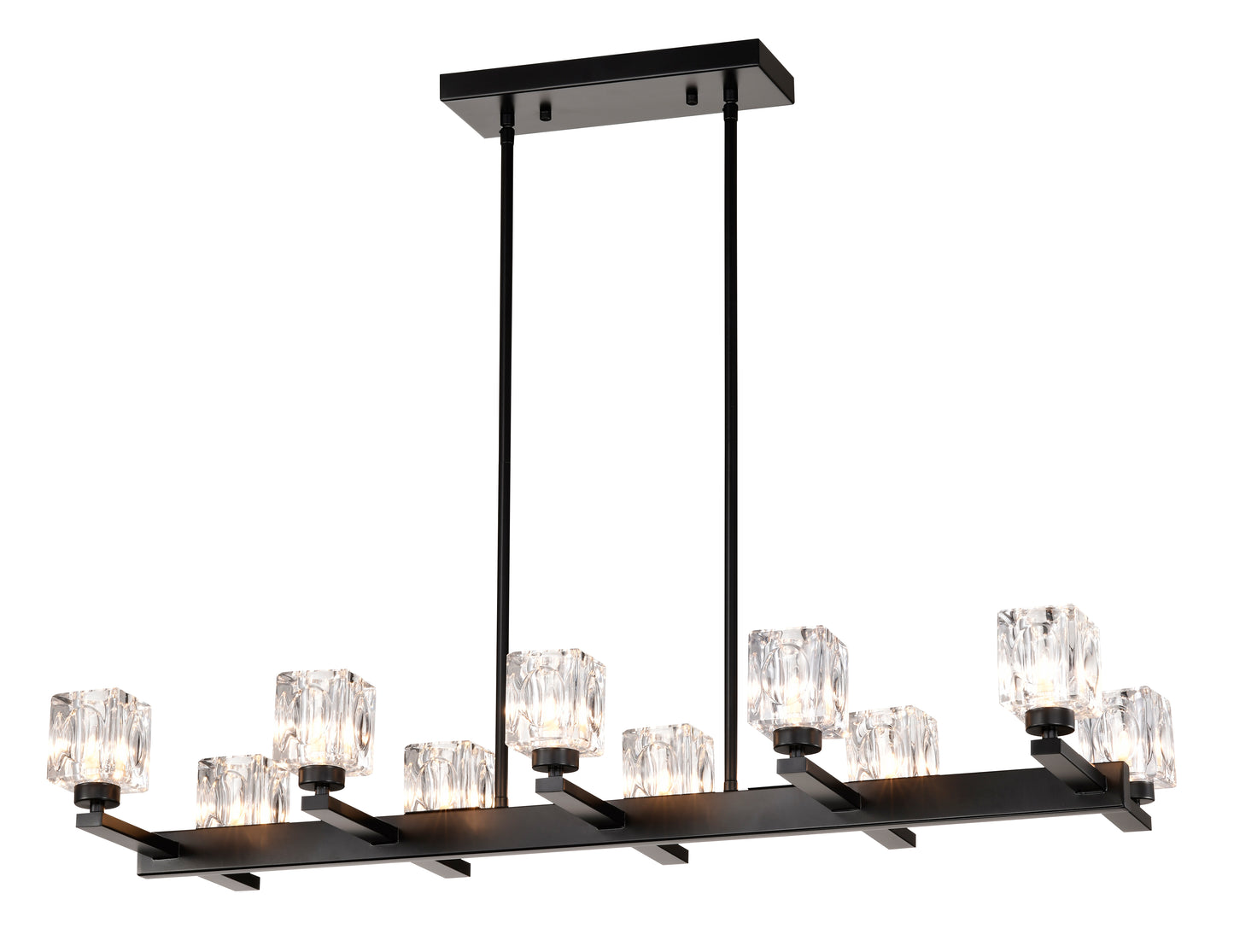 Black linear chandelier with clear crystal cube shades and warm LED lighting