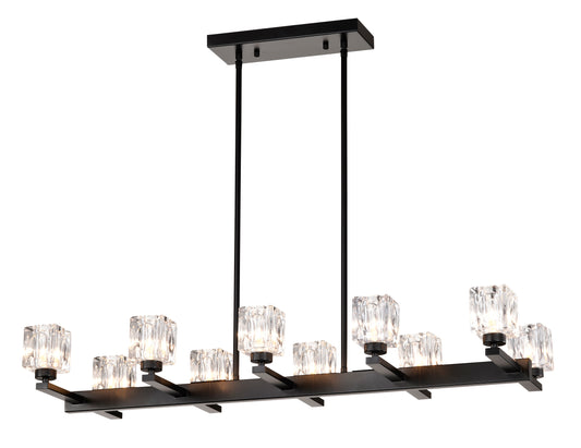 Black linear chandelier with clear crystal cube shades and warm LED lighting