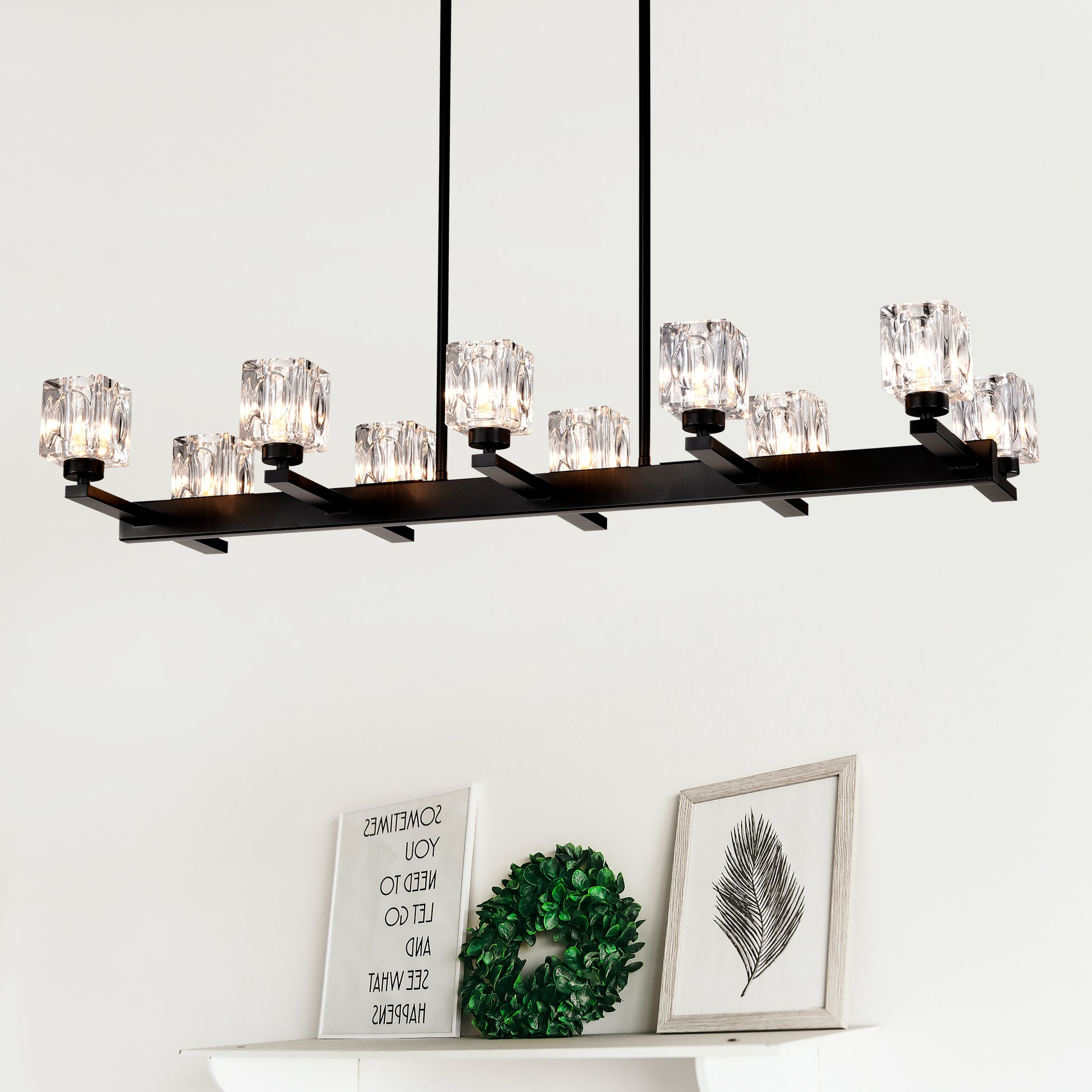 Modern black chandelier with clear crystal glass shades and  lights