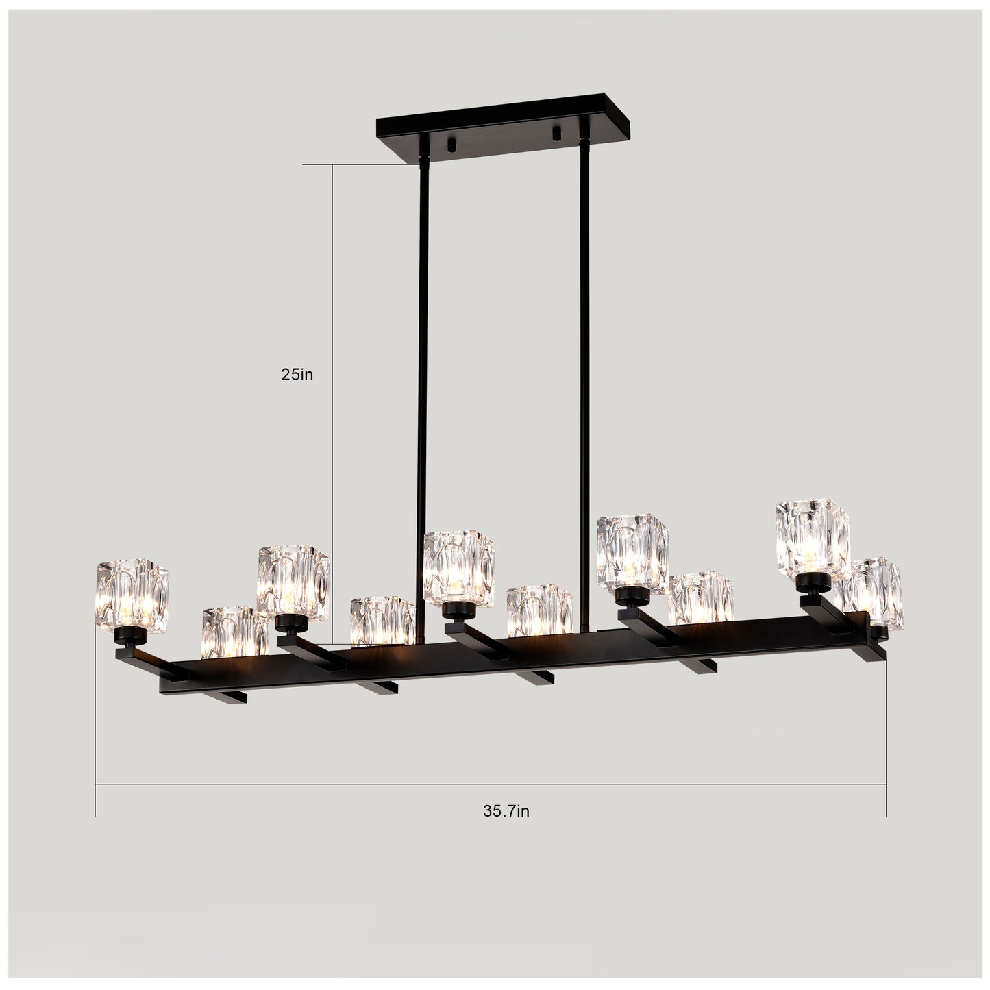 Modern black linear chandelier with crystal cube shades for dining room