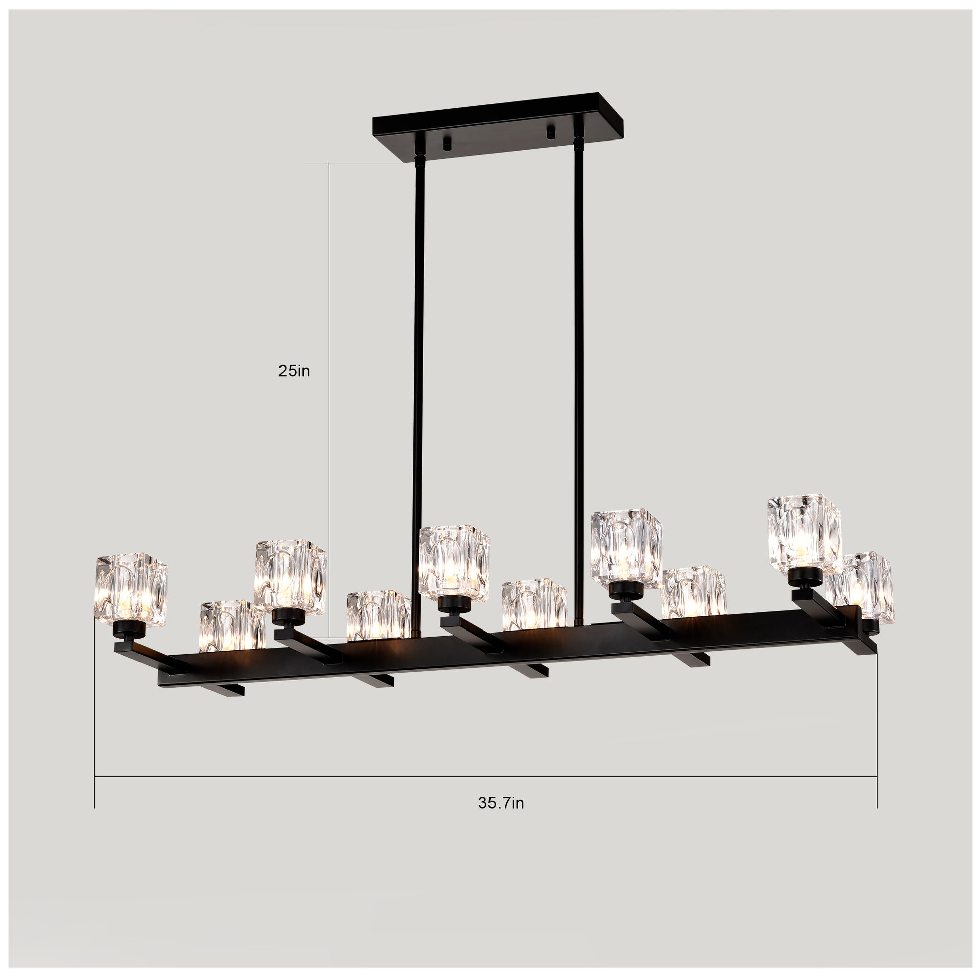 Modern black linear chandelier with crystal cube shades for dining room