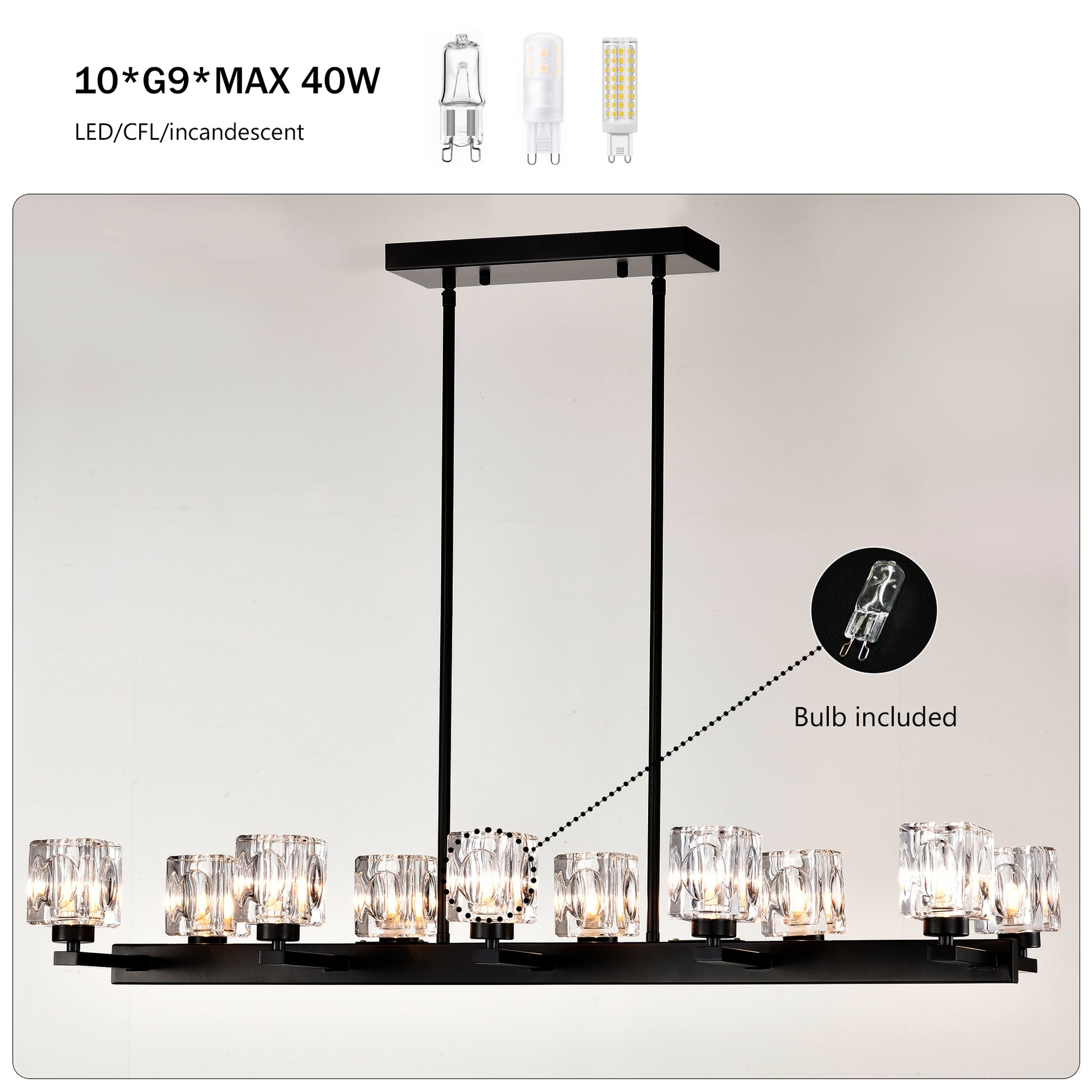 Black modern chandelier with ten crystal shades and G bulb sockets
