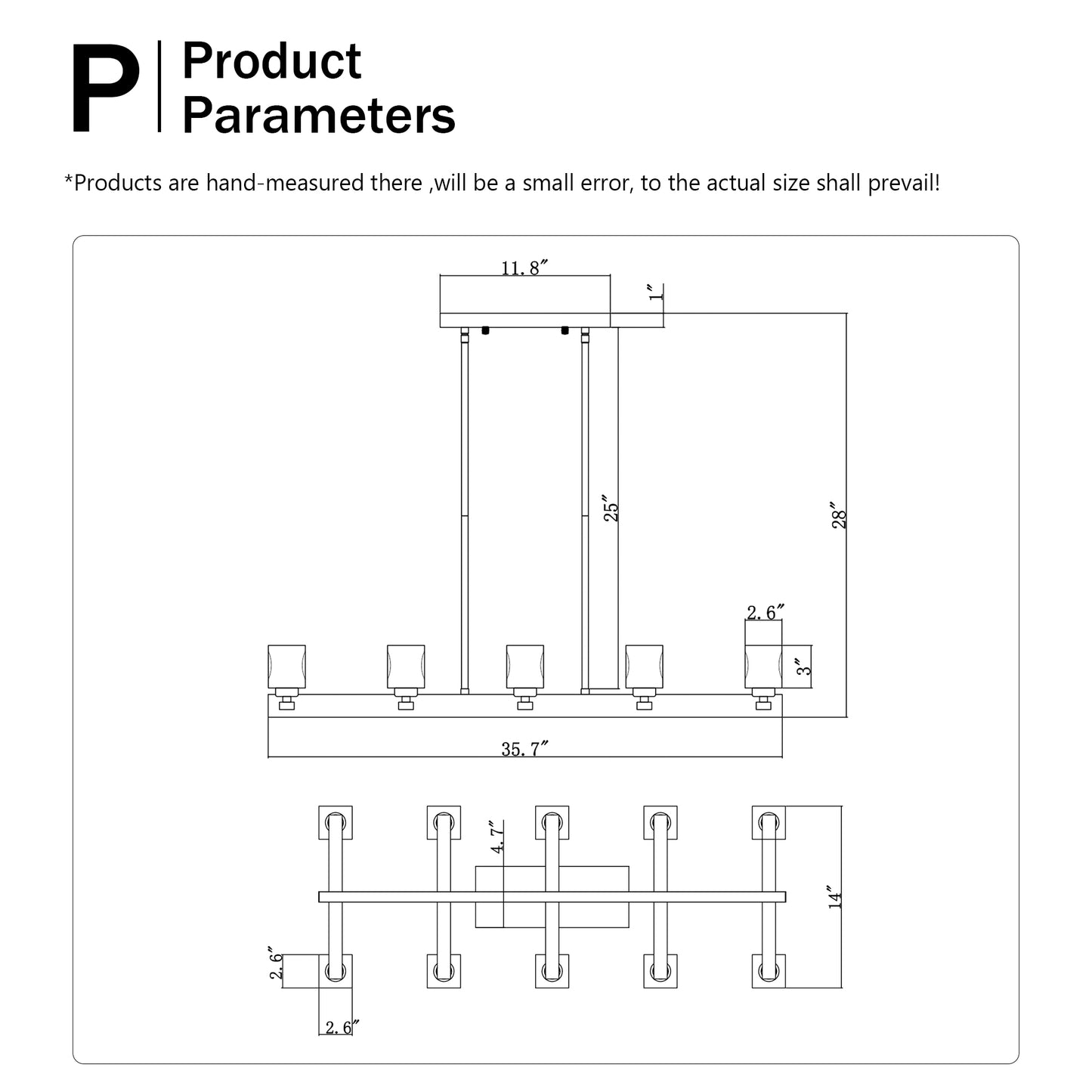 Linear chandelier diagram with dimensions  W x  D x  H