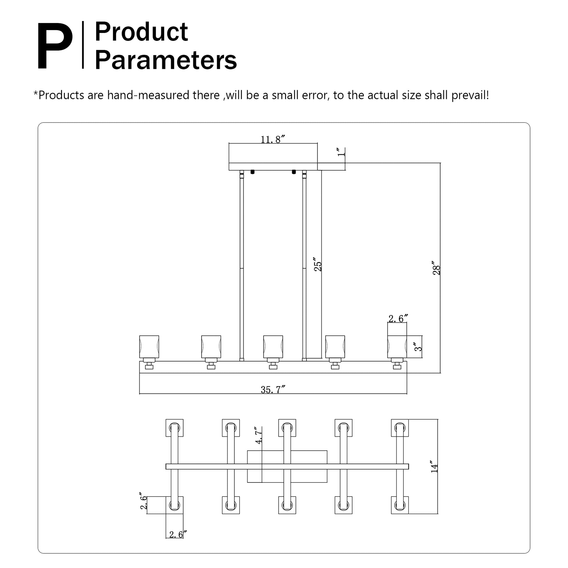 Linear chandelier diagram with dimensions  W x  D x  H