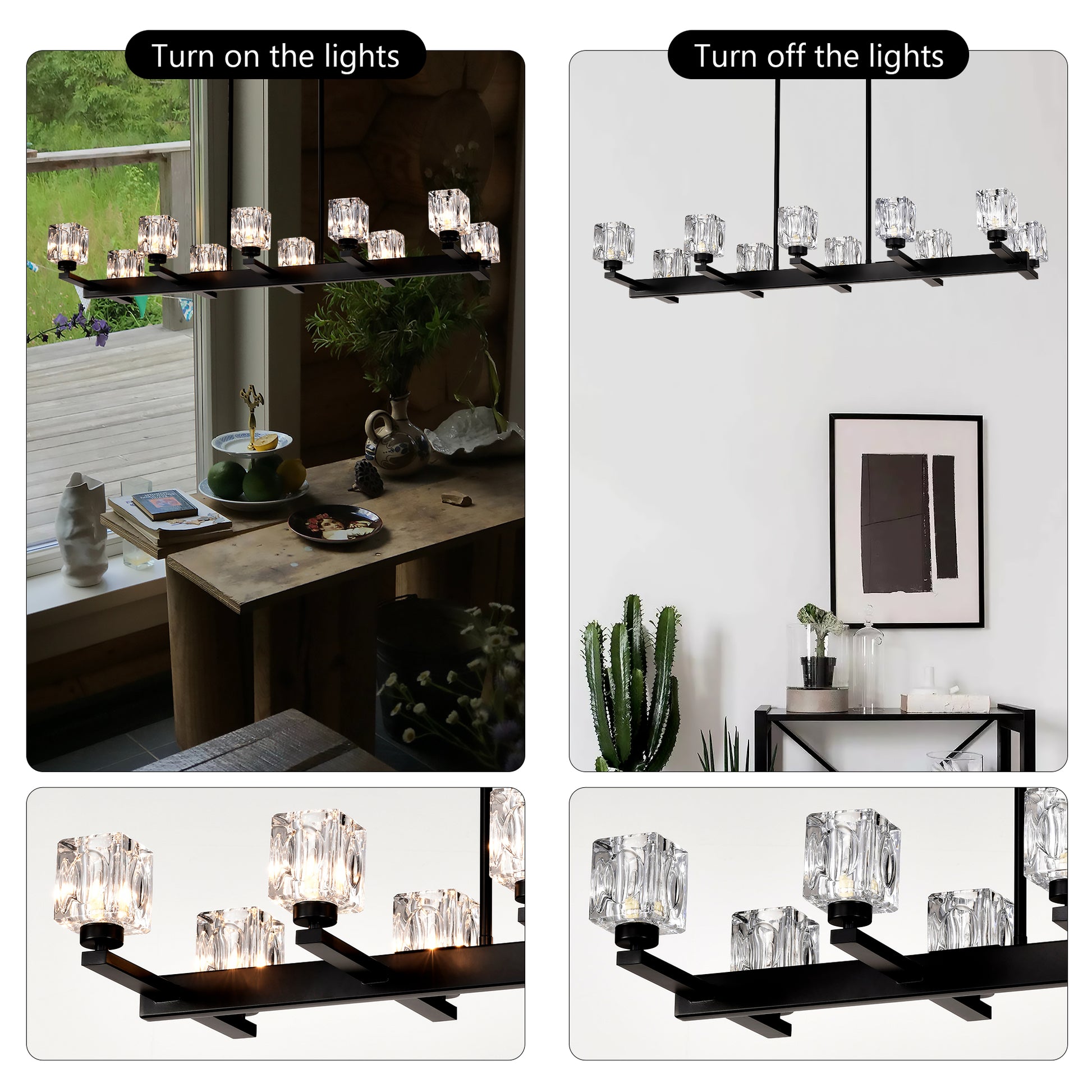 Modern black linear chandelier with clear crystal cube shades lit up