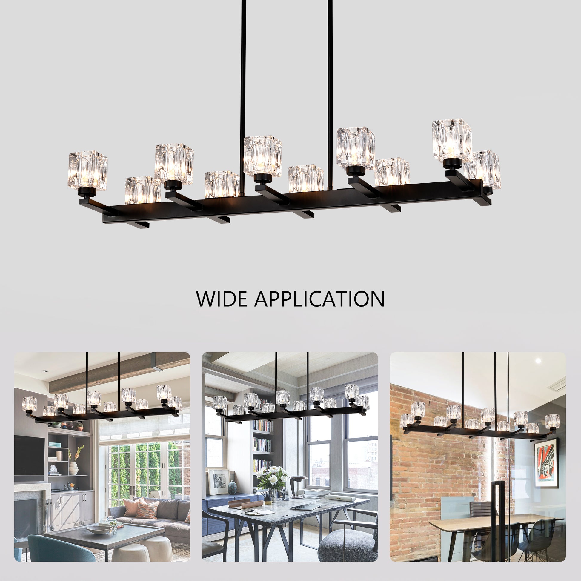 Black linear chandelier with clear crystal square shades and  bulbs