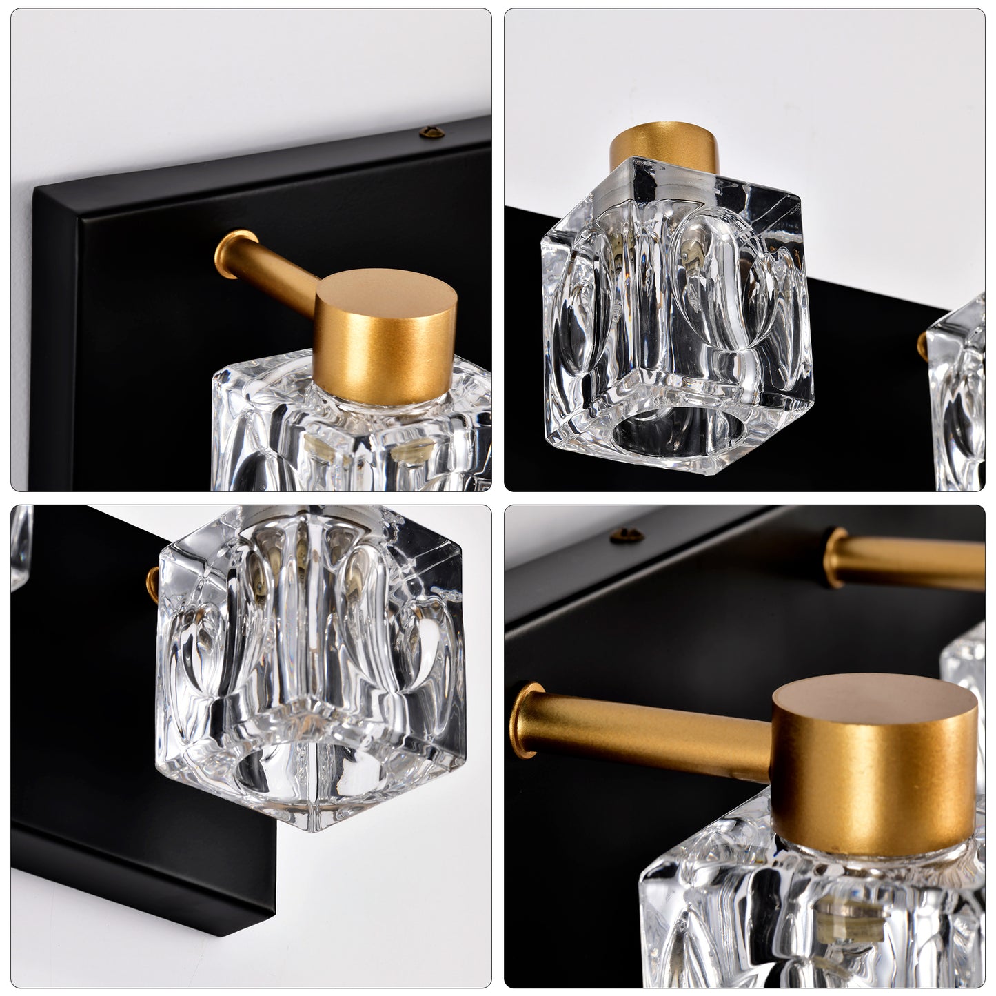 Closeup of a black wall plate with a brass arm holding a faceted crystal glass light fixture
