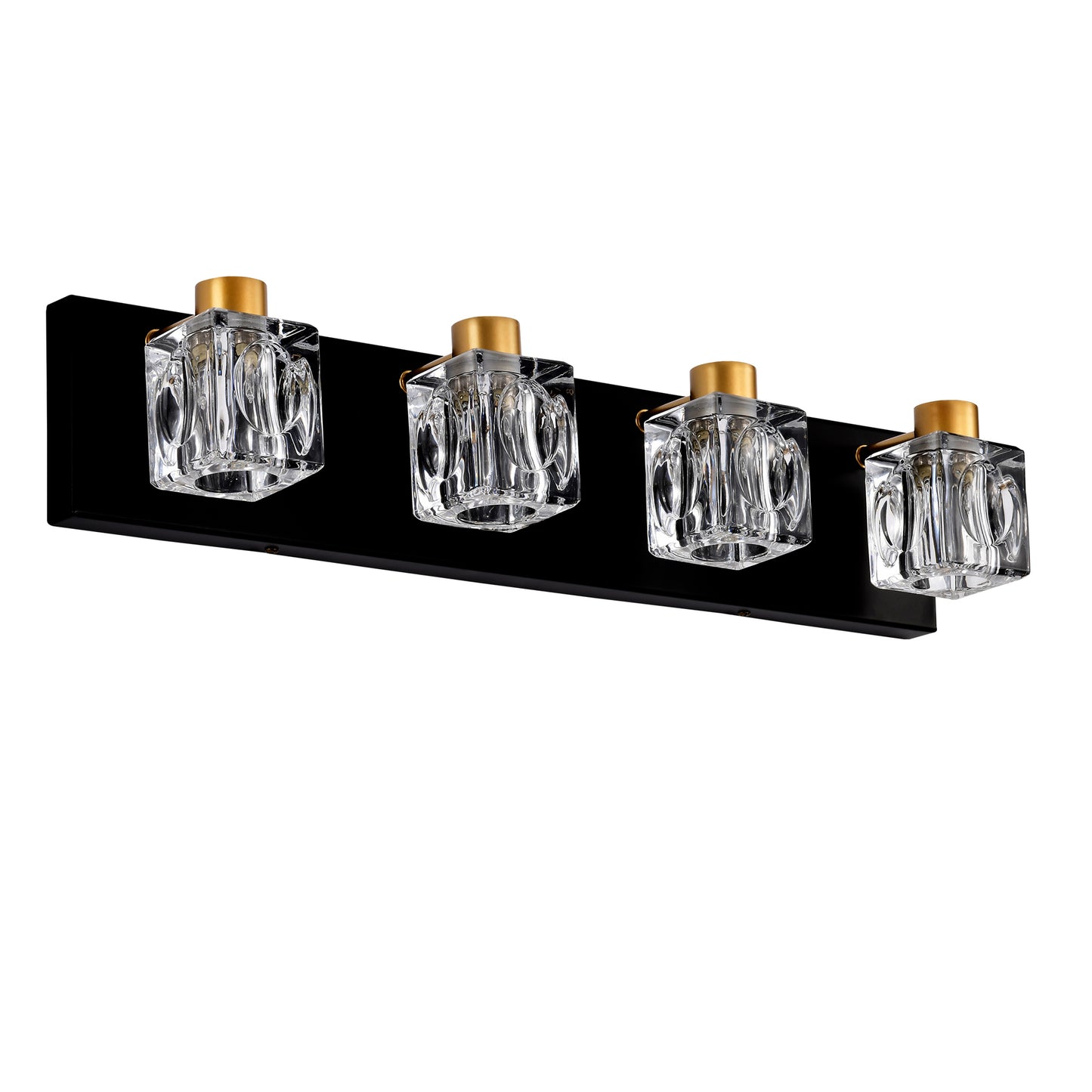 Fourlight vanity light with clear crystal glass shades and brushed gold accents on a black base