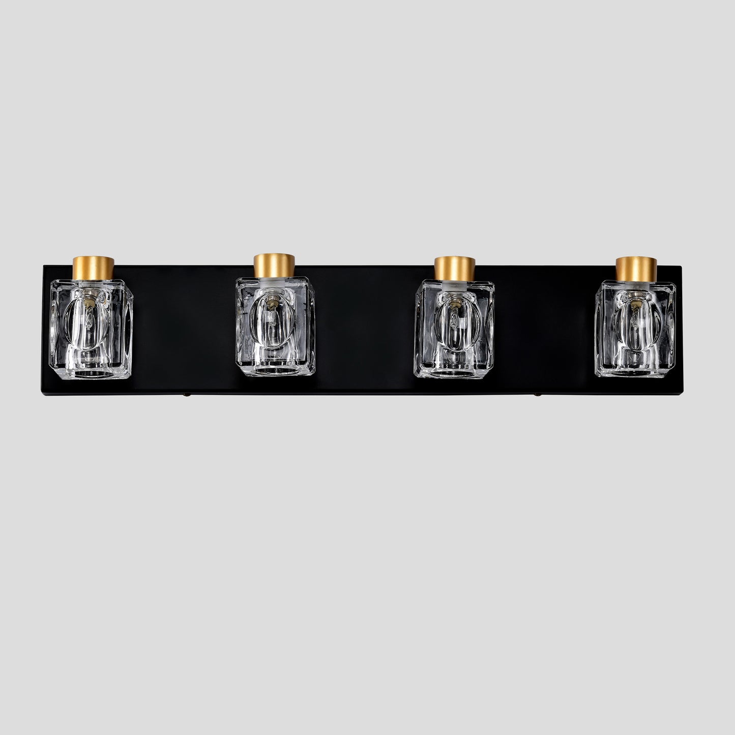 Modern black vanity light with four clear glass shades and gold accents