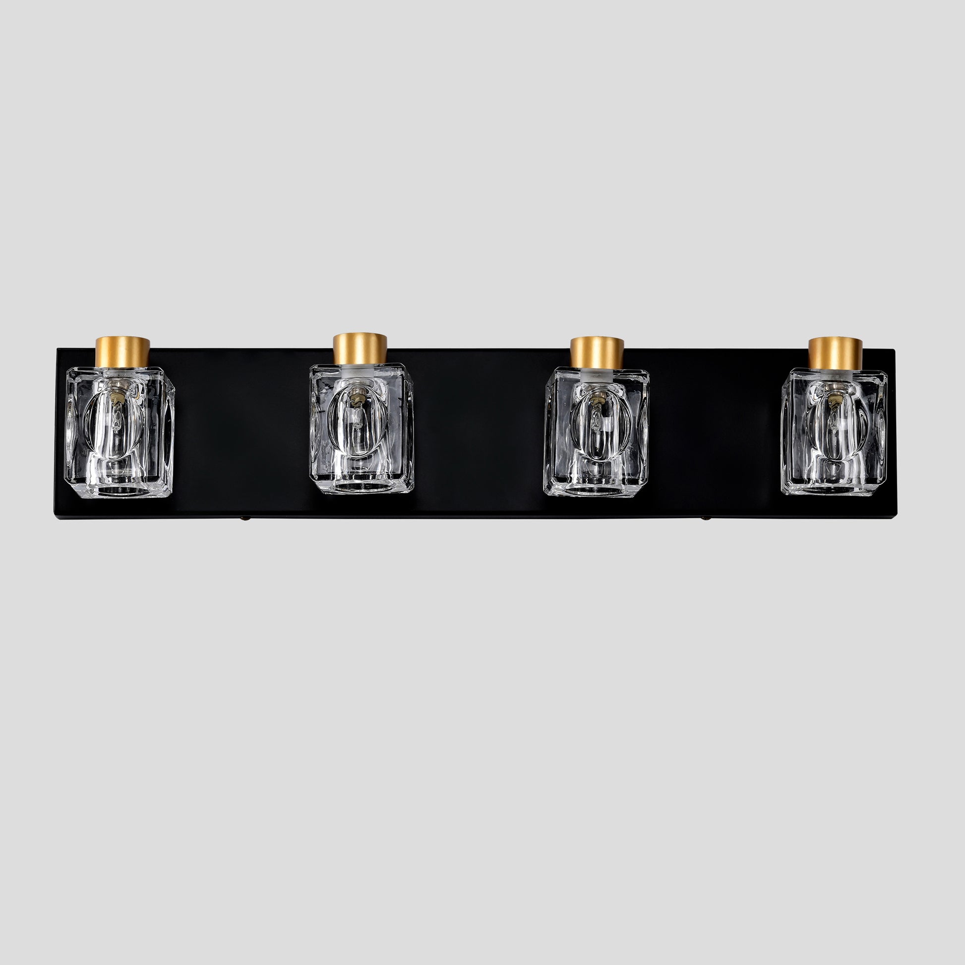 Modern black vanity light with four clear glass shades and gold accents