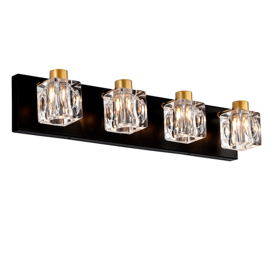 Modern black vanity light with four square crystal glass shades and brass accents