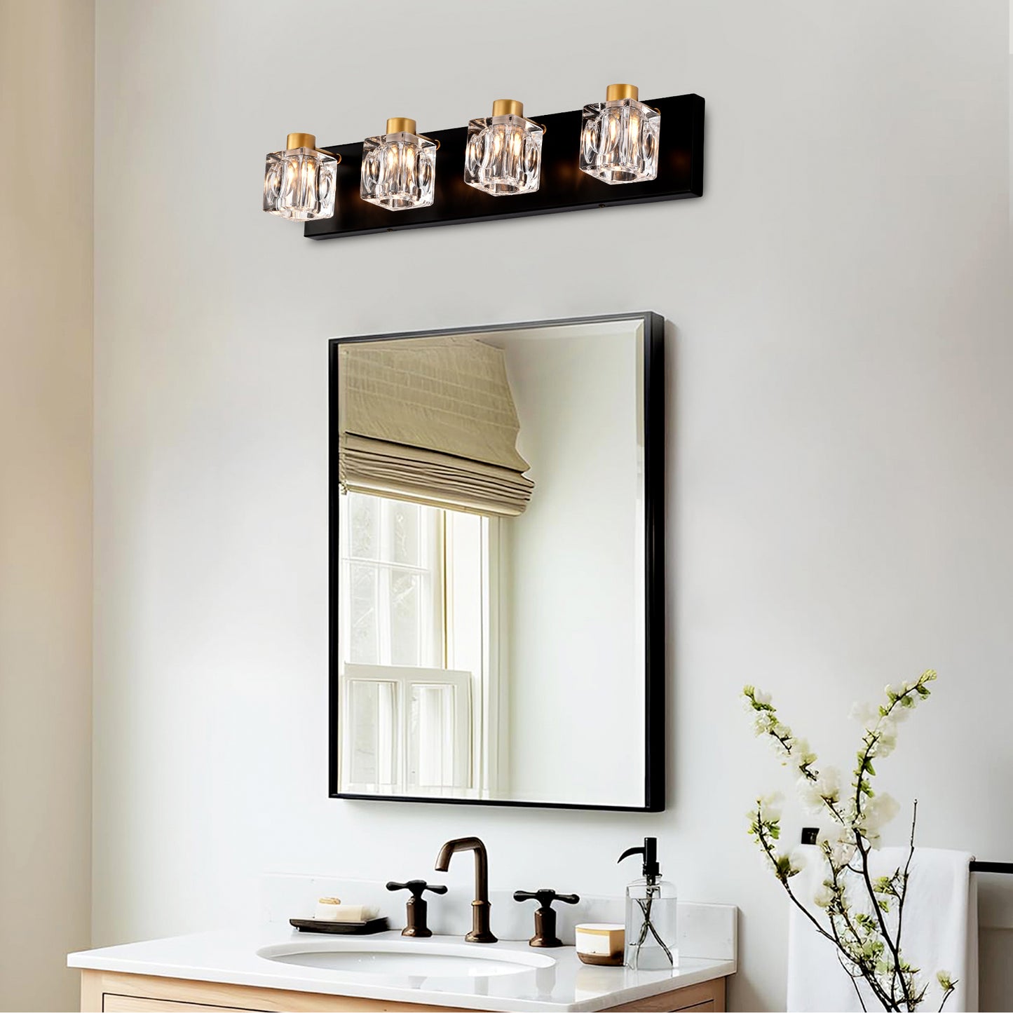 Modern black vanity light with four square crystal shades and gold accents