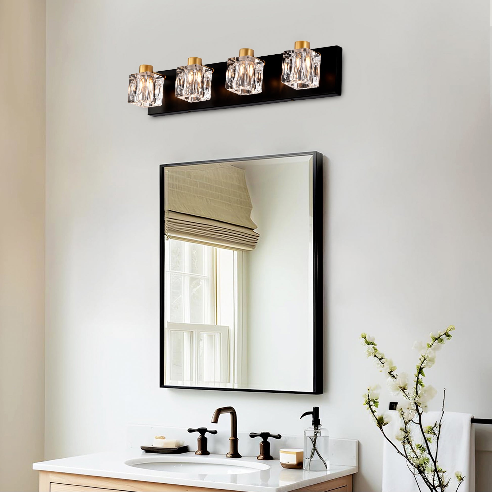 Modern black vanity light with four square crystal shades and gold accents