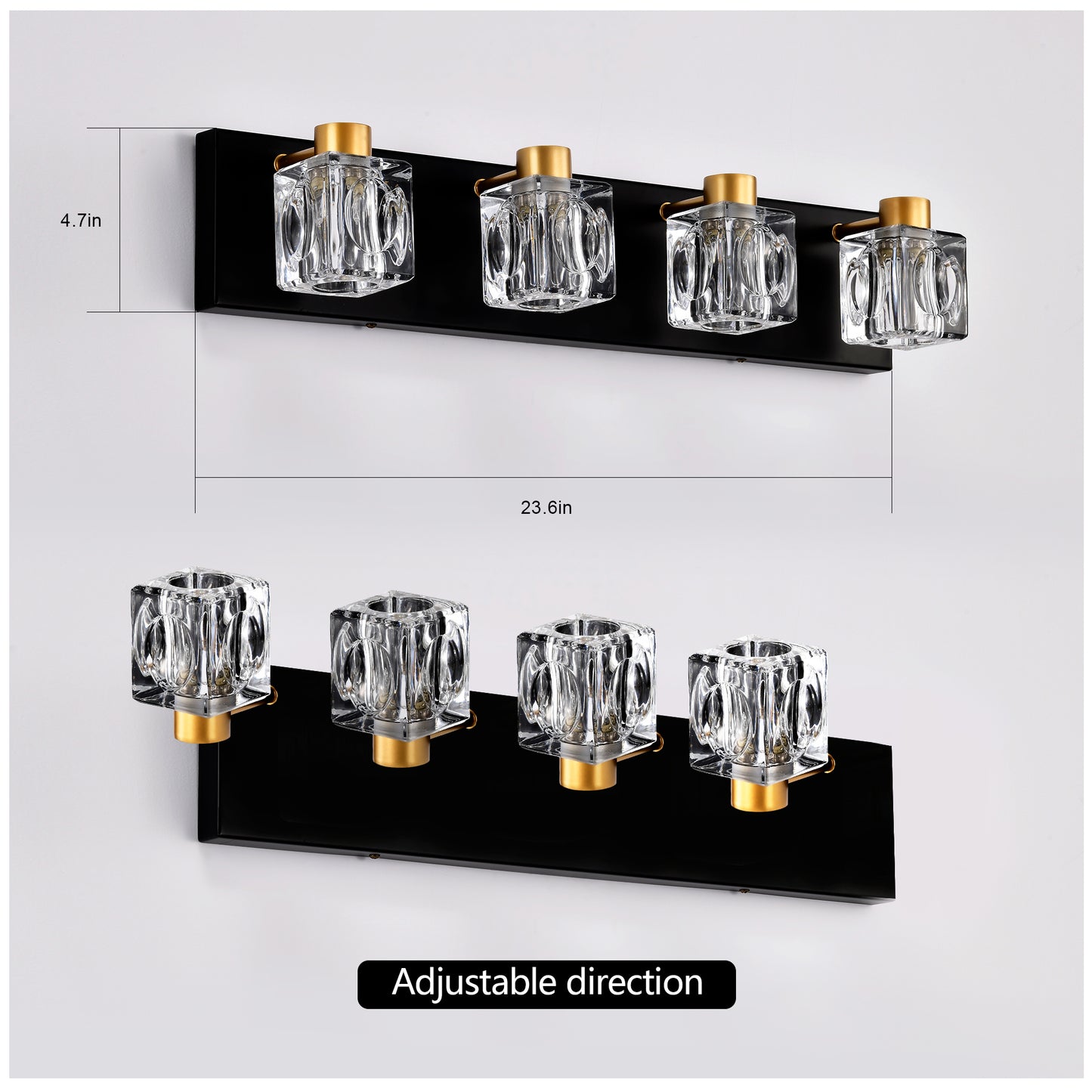 Modern black vanity light with four clear crystal square sconces and gold accents