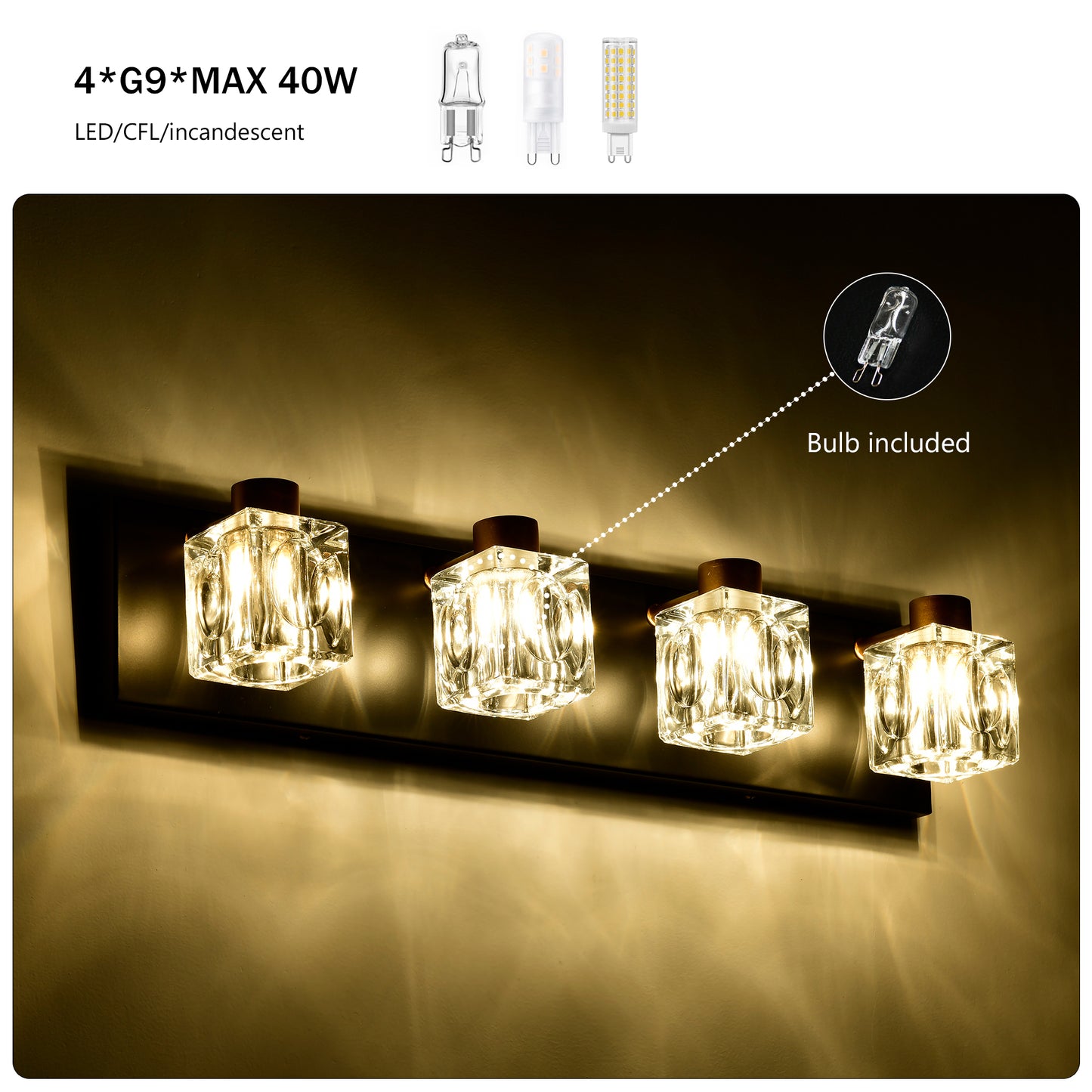 Modern fourlight bathroom vanity light with clear crystal glass shades and a black metal base