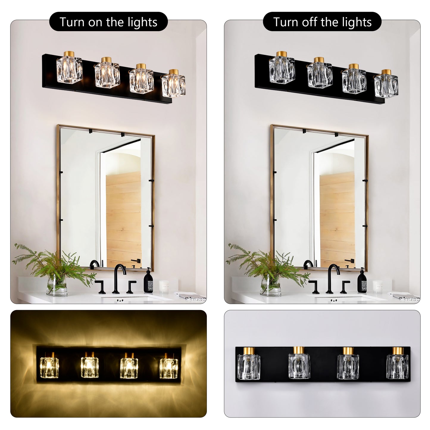 Fourlight crystal vanity light fixture with gold accents