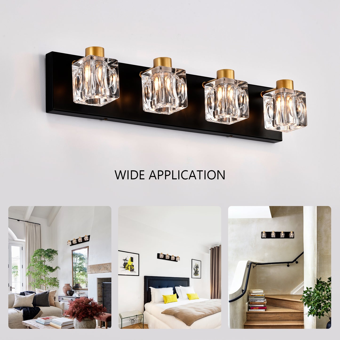 Black vanity light fixture with four clear crystal cube shades and gold accents