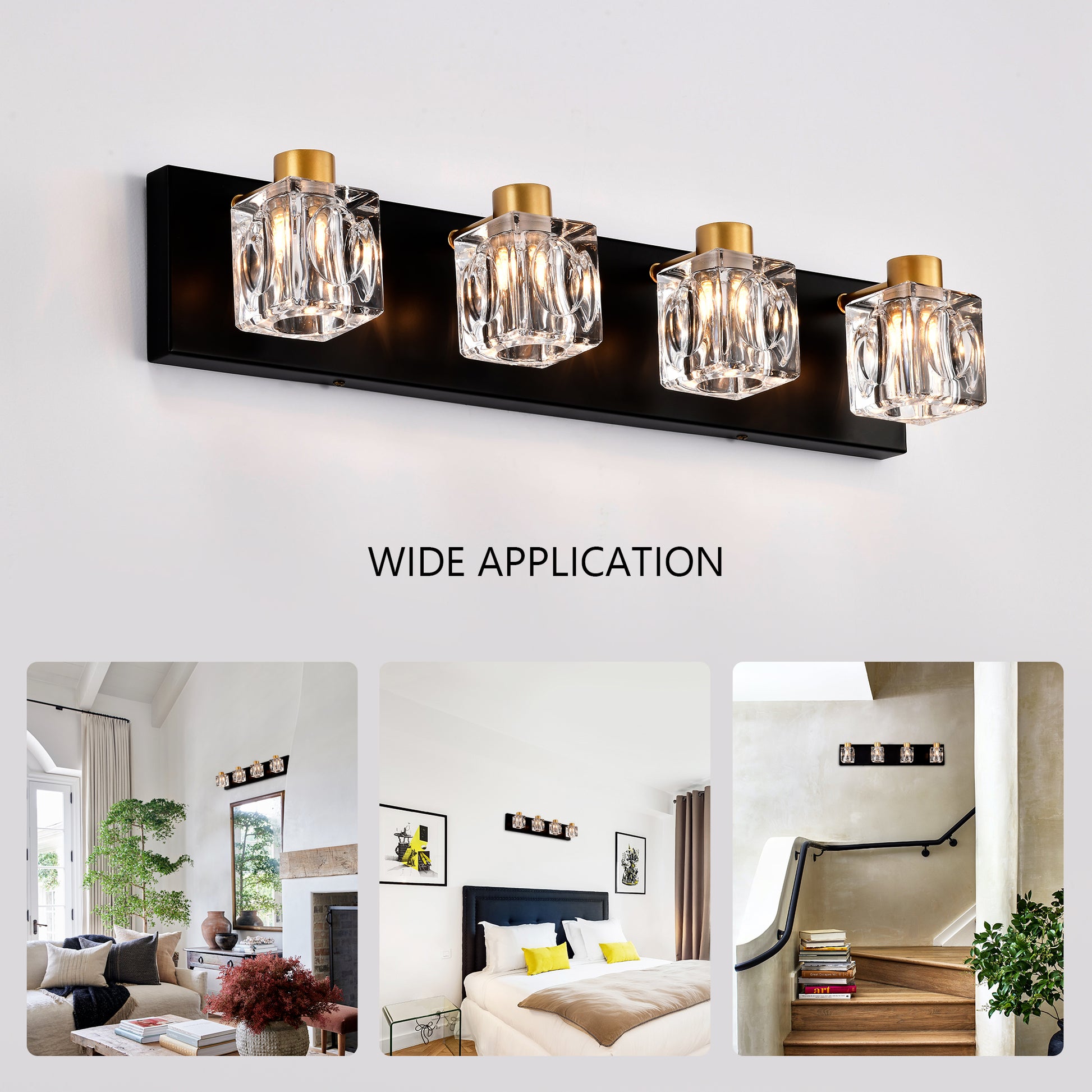Black vanity light fixture with four clear crystal cube shades and gold accents