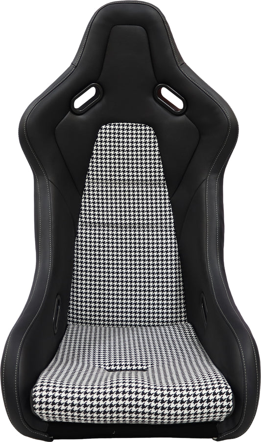 Black racing bucket seat with houndstooth fabric insert and white stitching detail
