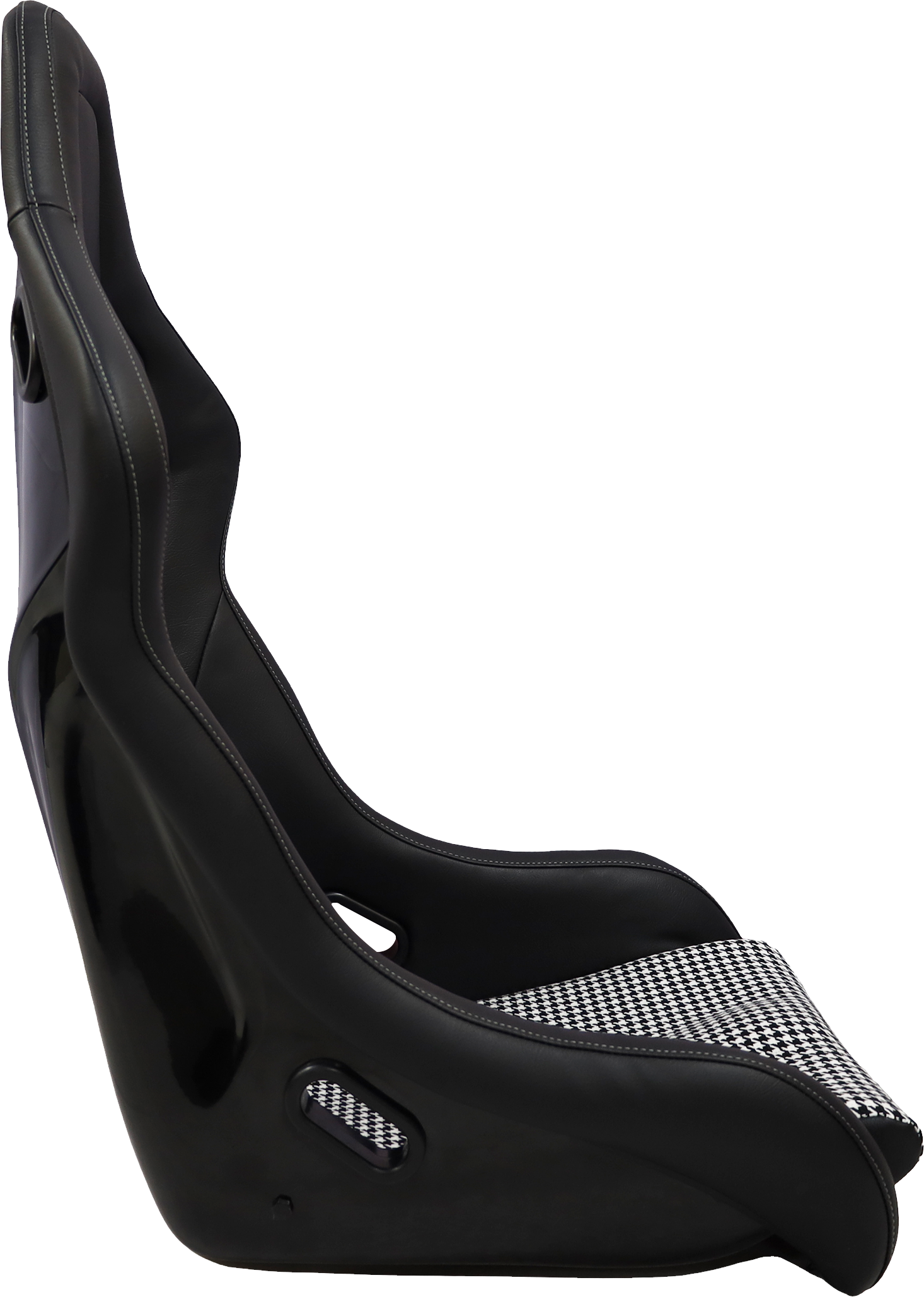 Black racing bucket seat with houndstooth fabric insert and grey stitching