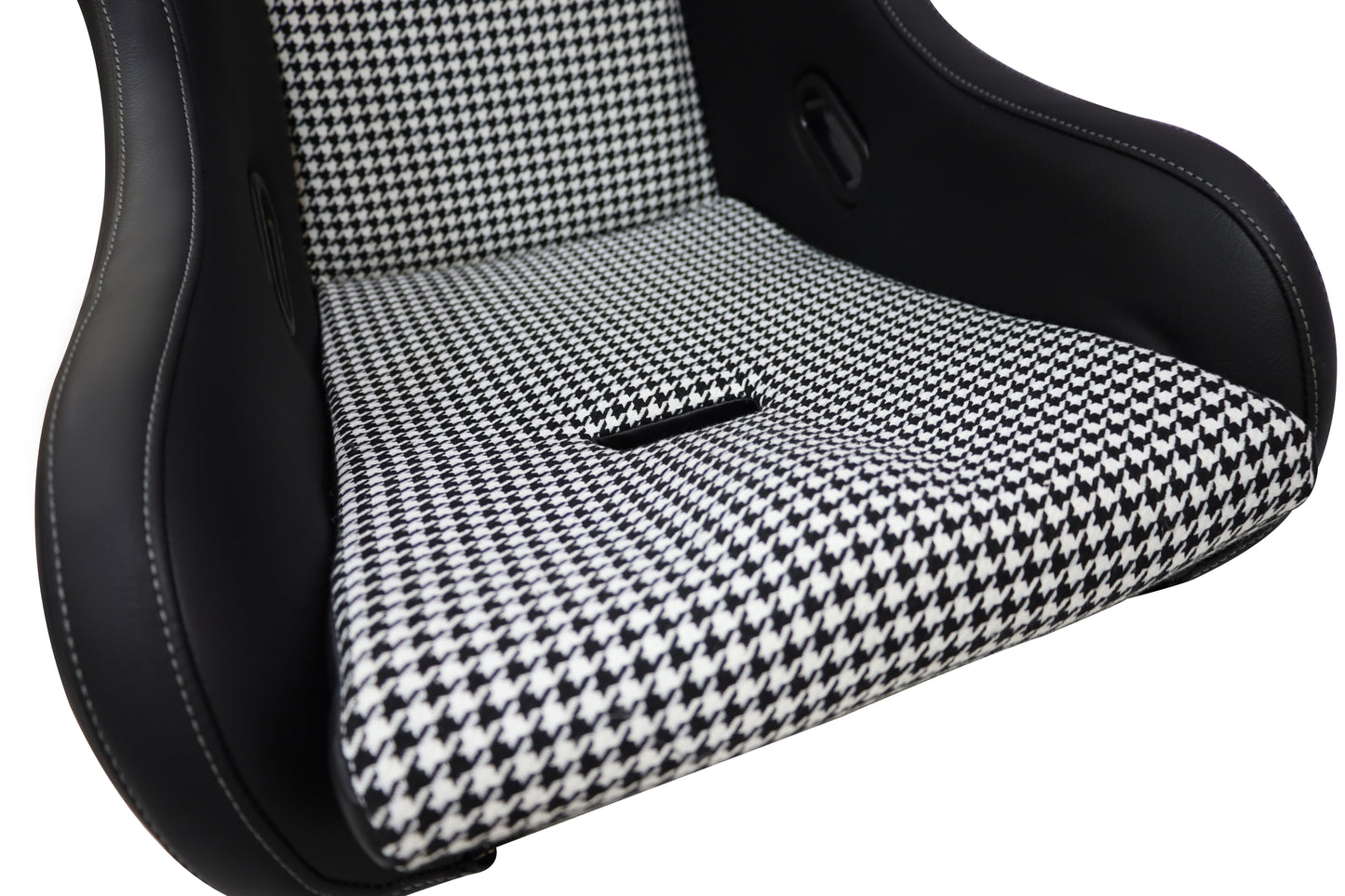 Black and white houndstooth racing seat with black leather bolsters and white stitching