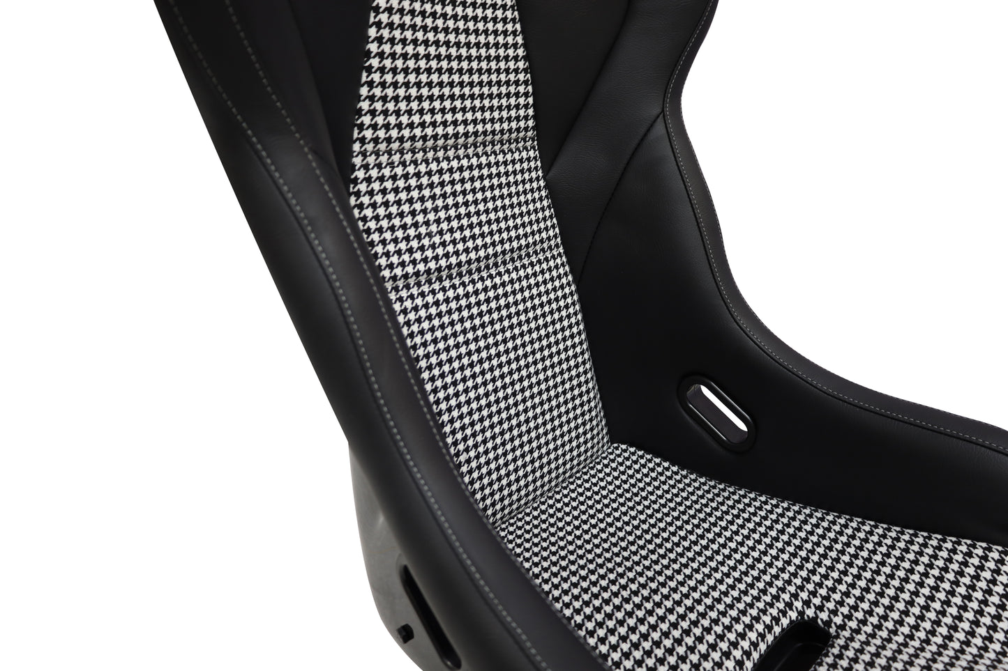 Black leather racing seat with houndstooth fabric insert and white stitching