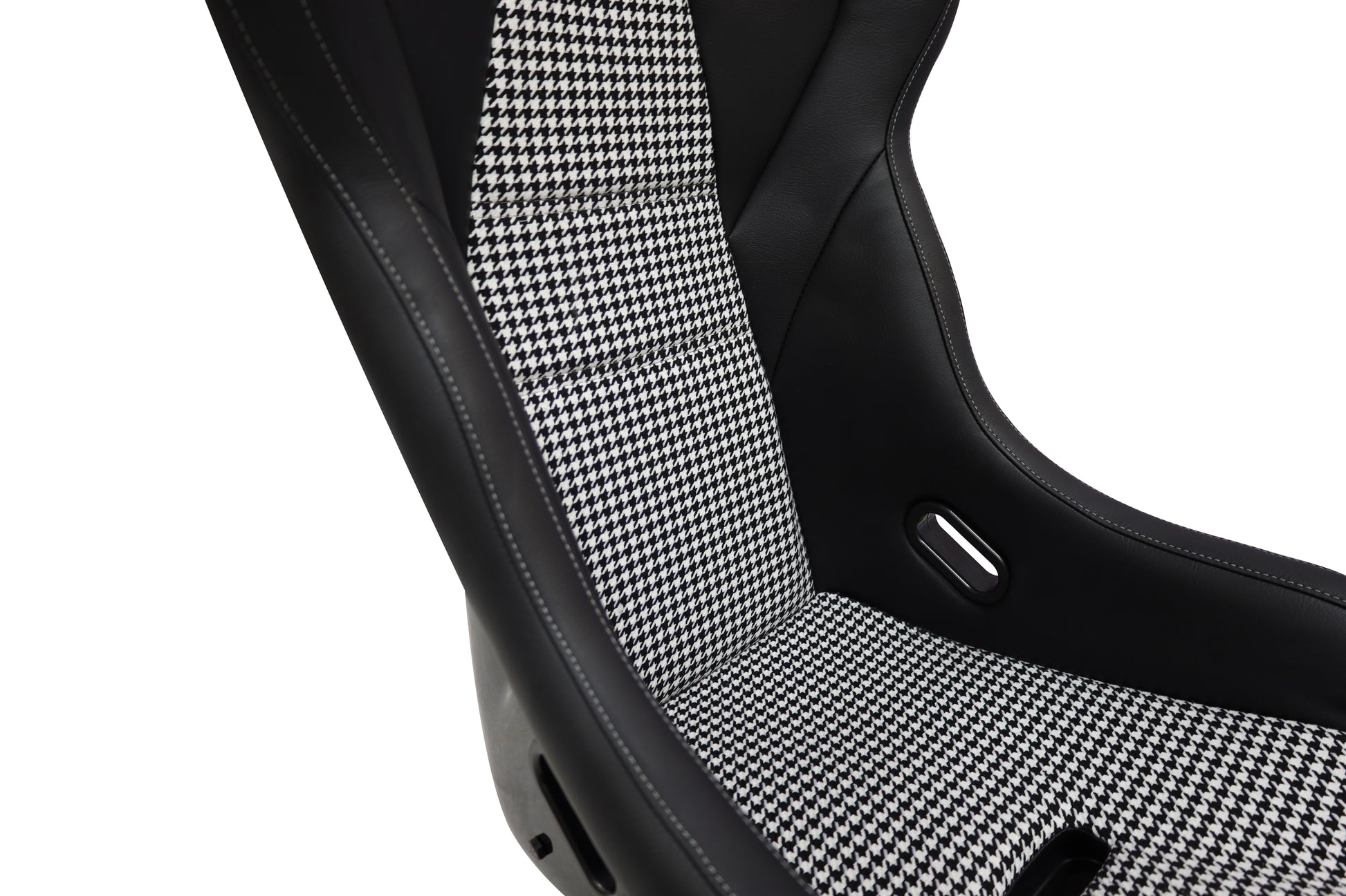 Black leather racing seat with houndstooth fabric insert and white stitching