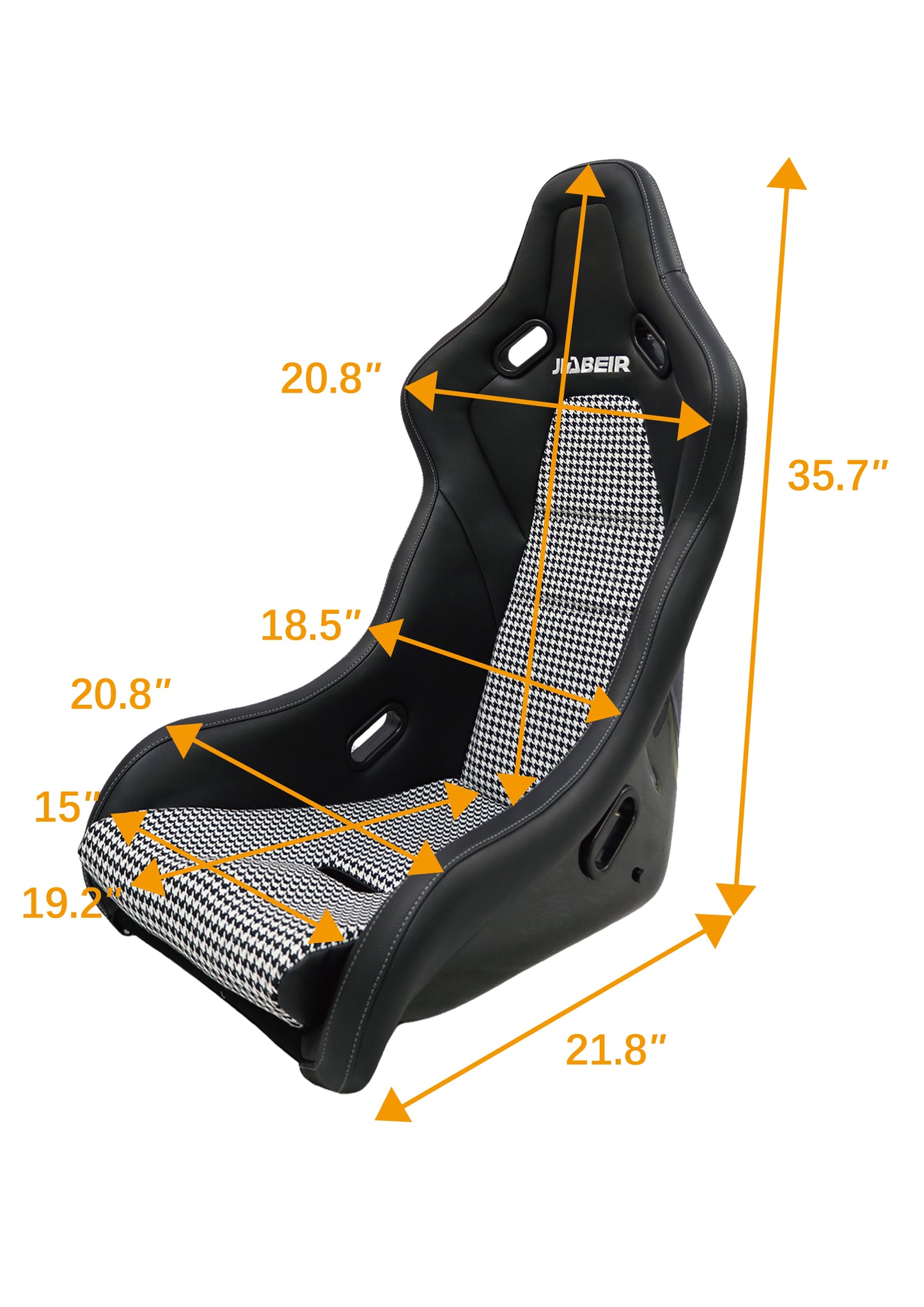 Black racing seat with houndstooth fabric insert and dimension lines