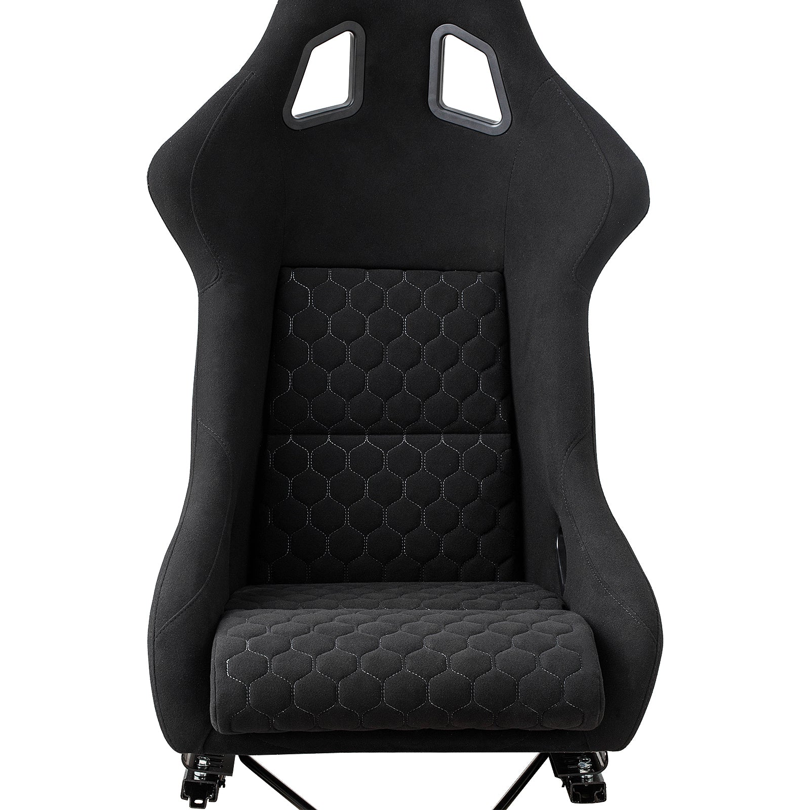 Black racing bucket seat with hexagonal stitched padding and harness cutouts