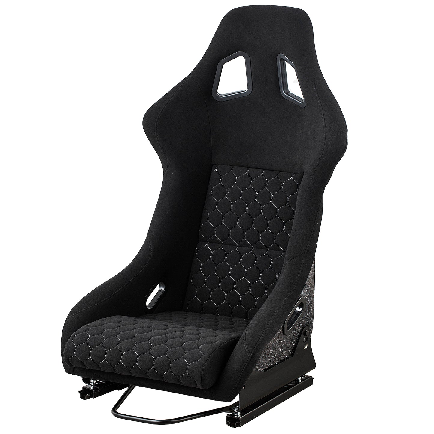 Black racing bucket seat with textured fabric and hexagonal stitching pattern