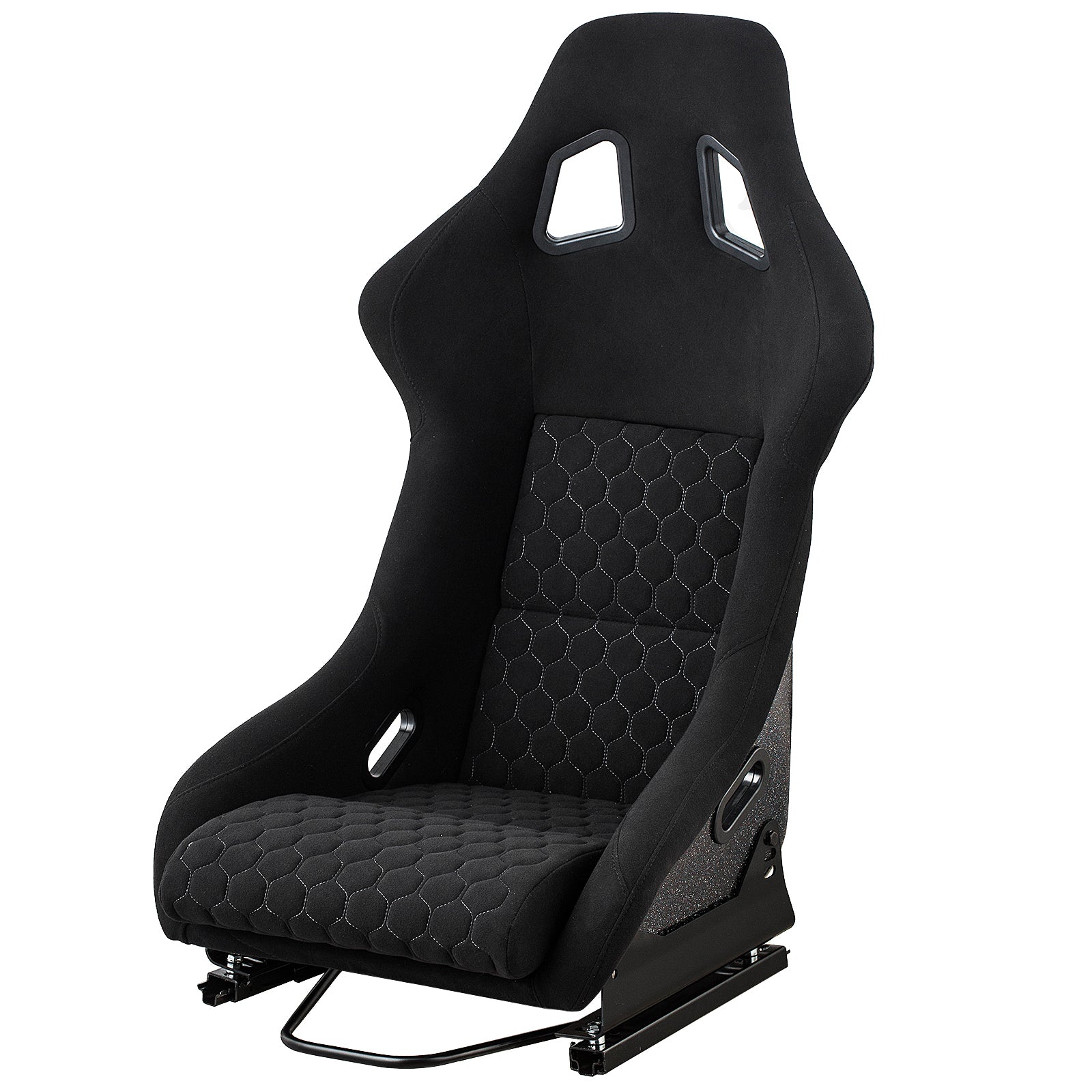 Black racing bucket seat with textured fabric and hexagonal stitching pattern
