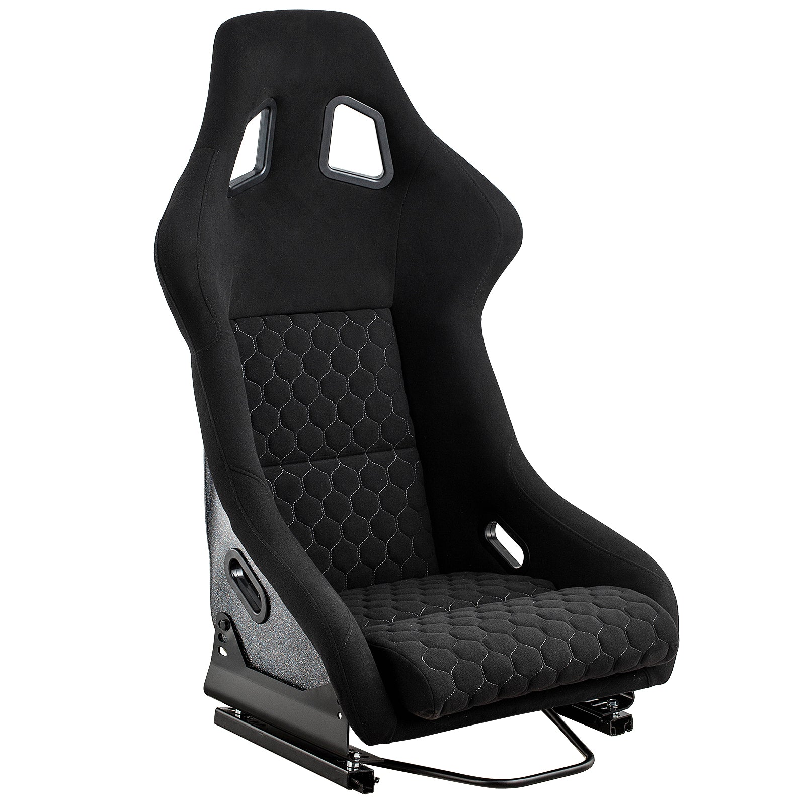 Black racing seat with hexagonal stitching offering enhanced driver support