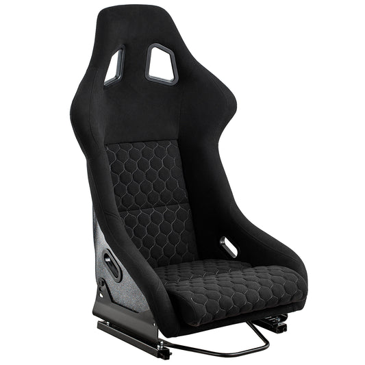 Black racing seat with hexagonal stitching offering enhanced driver support