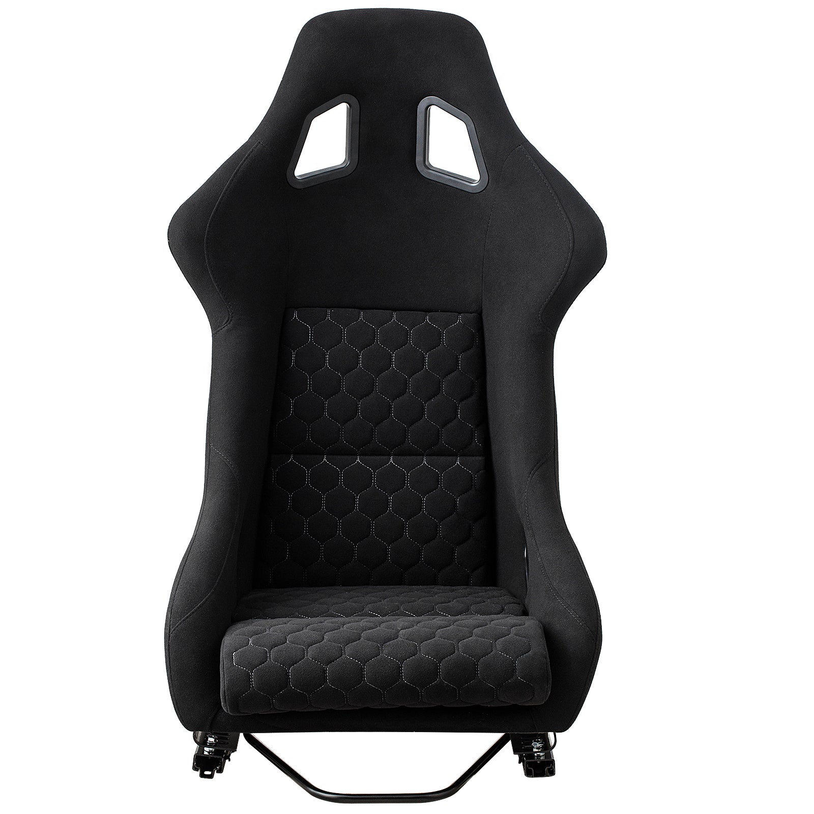 Black racing bucket seat with hexagonal stitching and harness cutouts