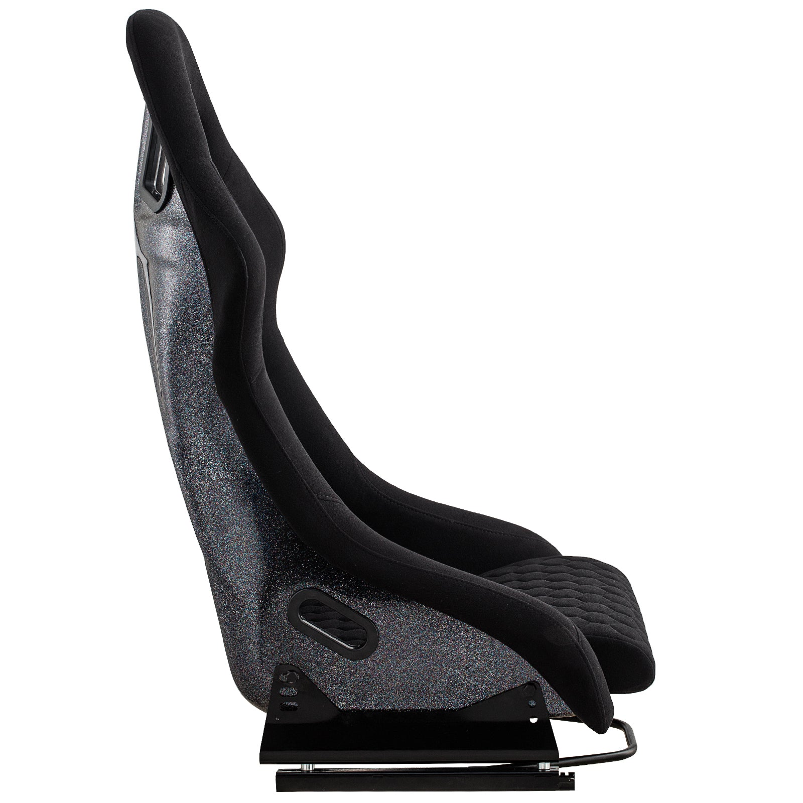 Black racing bucket seat with quilted seat cushion and glitter shell