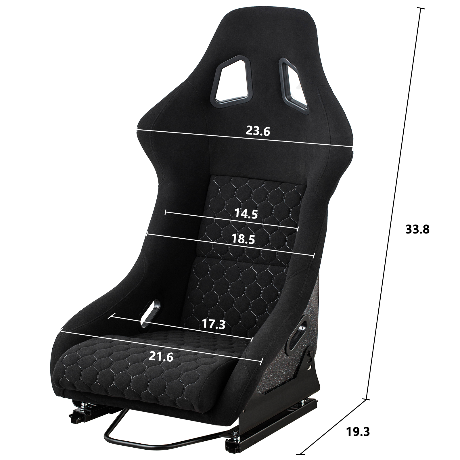 Black racing bucket seat with hexagonal stitching showing dimensions  x  inches