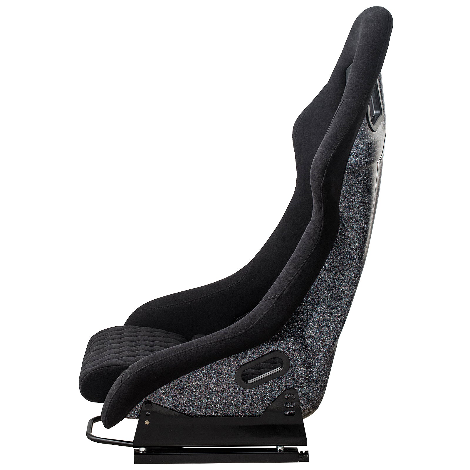 Black racing bucket seat with quilted seat base and speckled shell