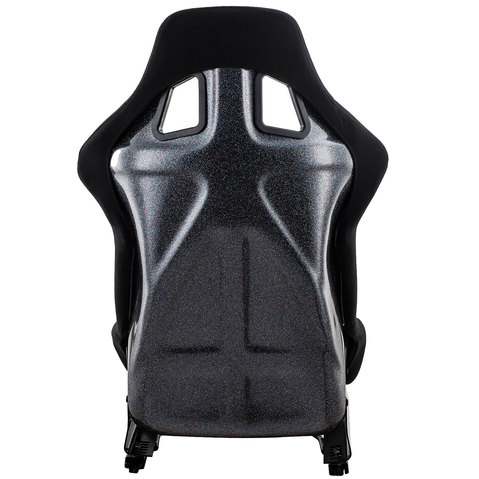 Black racing bucket seat with glitterinfused shell and integrated headrest openings