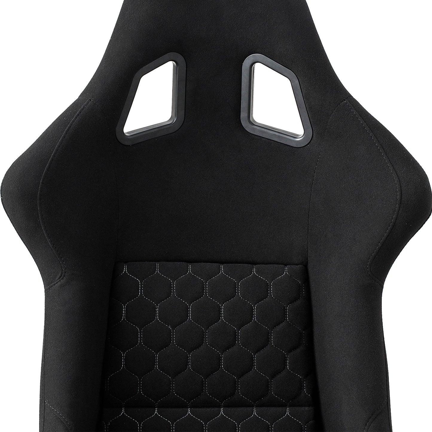 Black racing seat with diamond stitching detail and harness cutouts