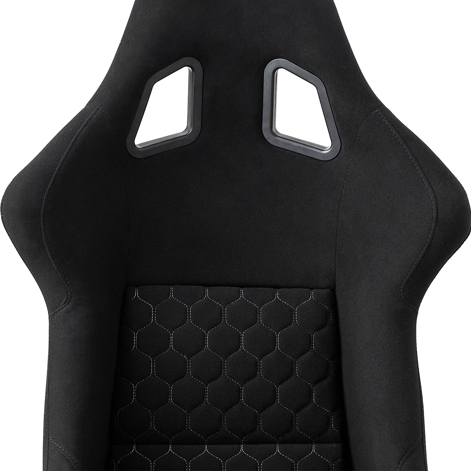 Black racing seat with diamond stitching detail and harness cutouts